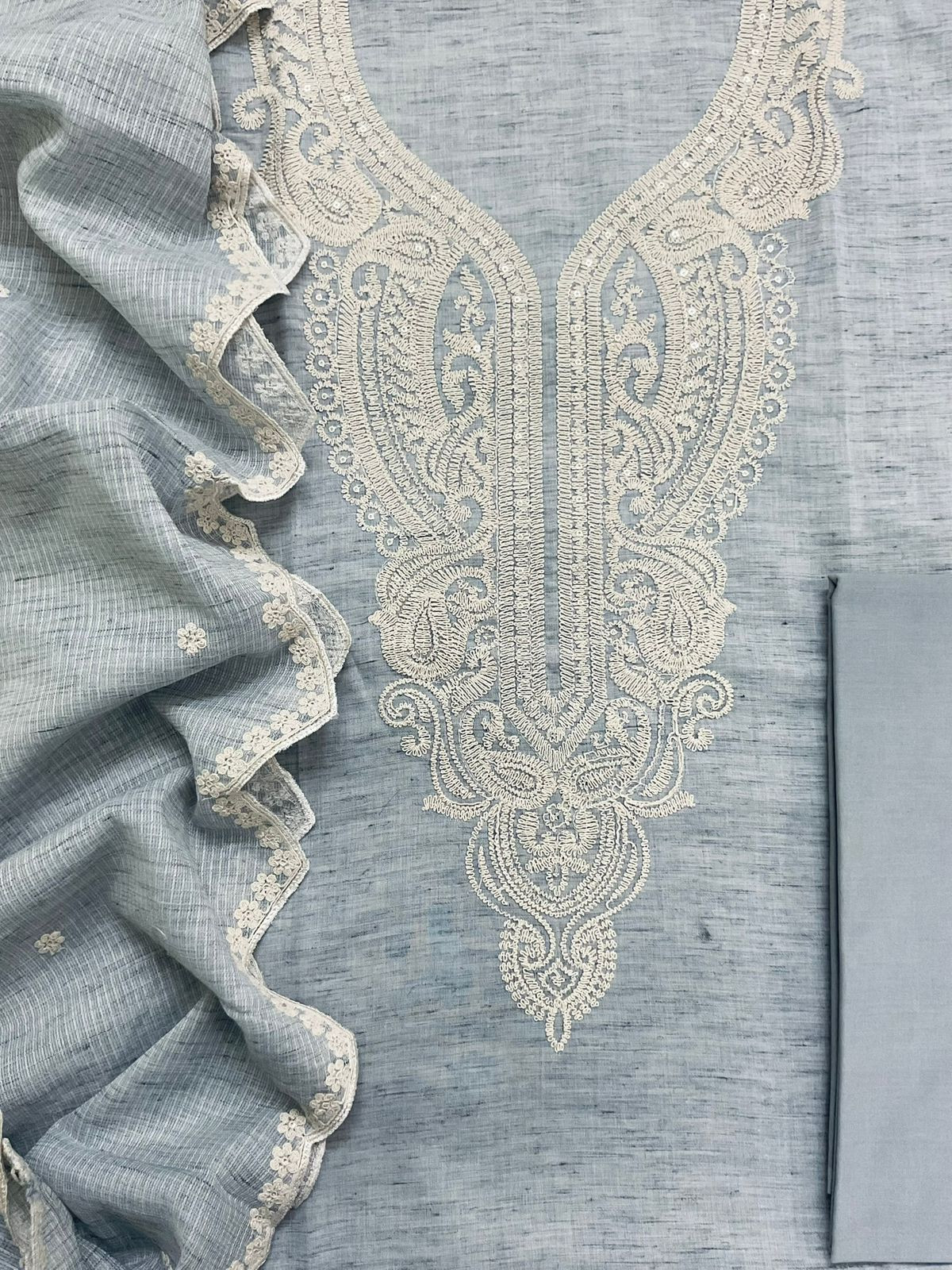 Pure Fine Handloom Cotton Embroidered Suit - Grey
