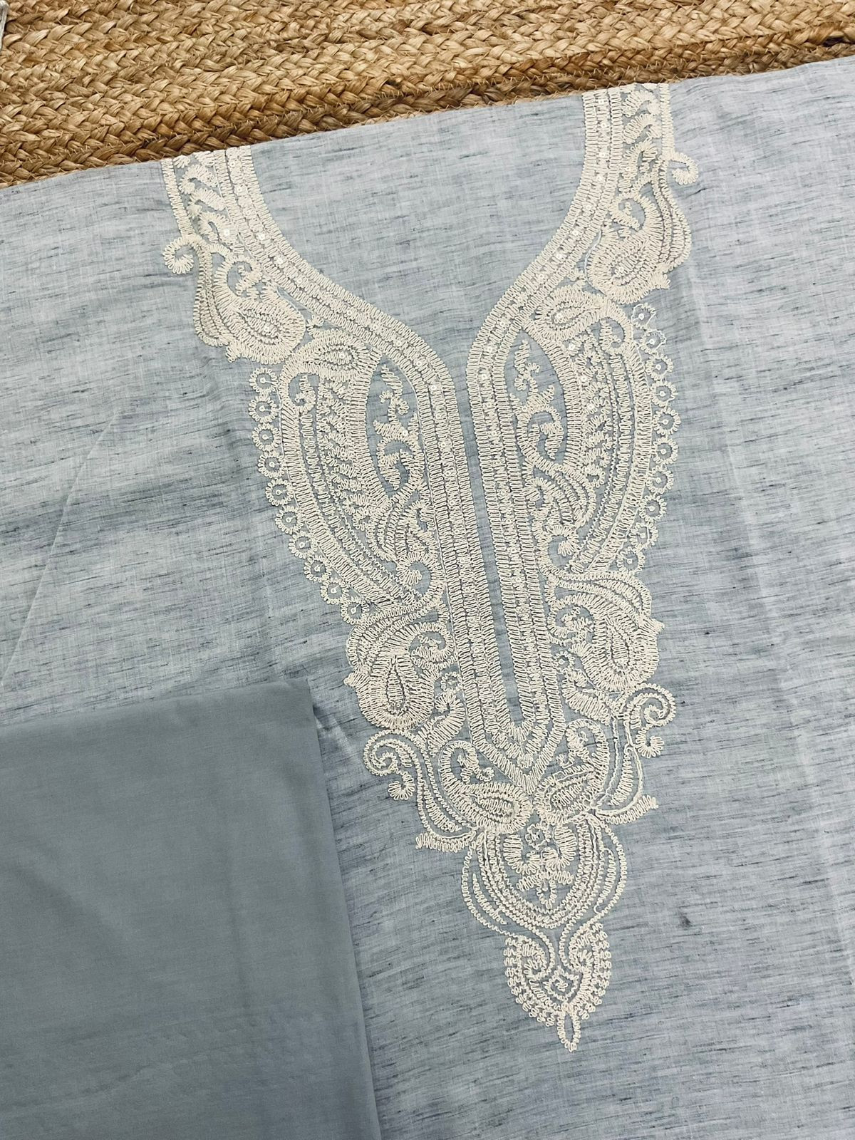 Pure Fine Handloom Cotton Embroidered Suit - Grey