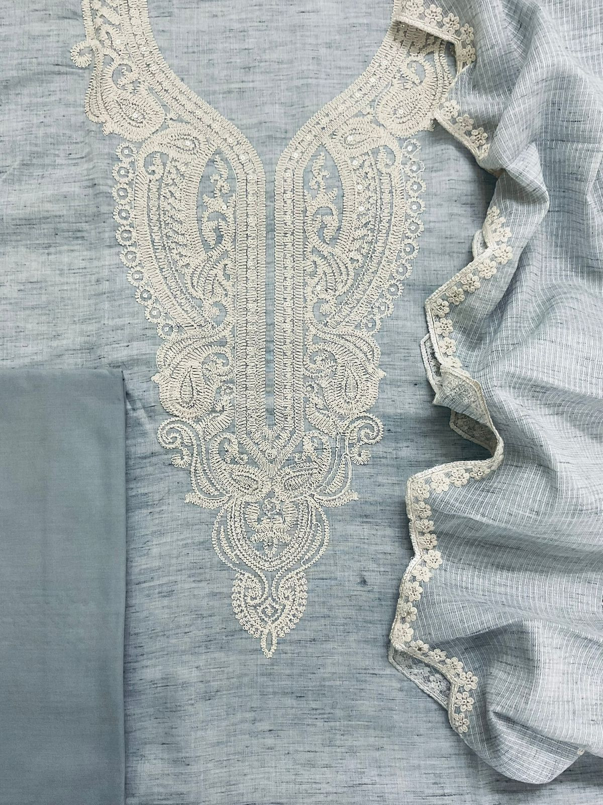 Pure Fine Handloom Cotton Embroidered Suit - Grey