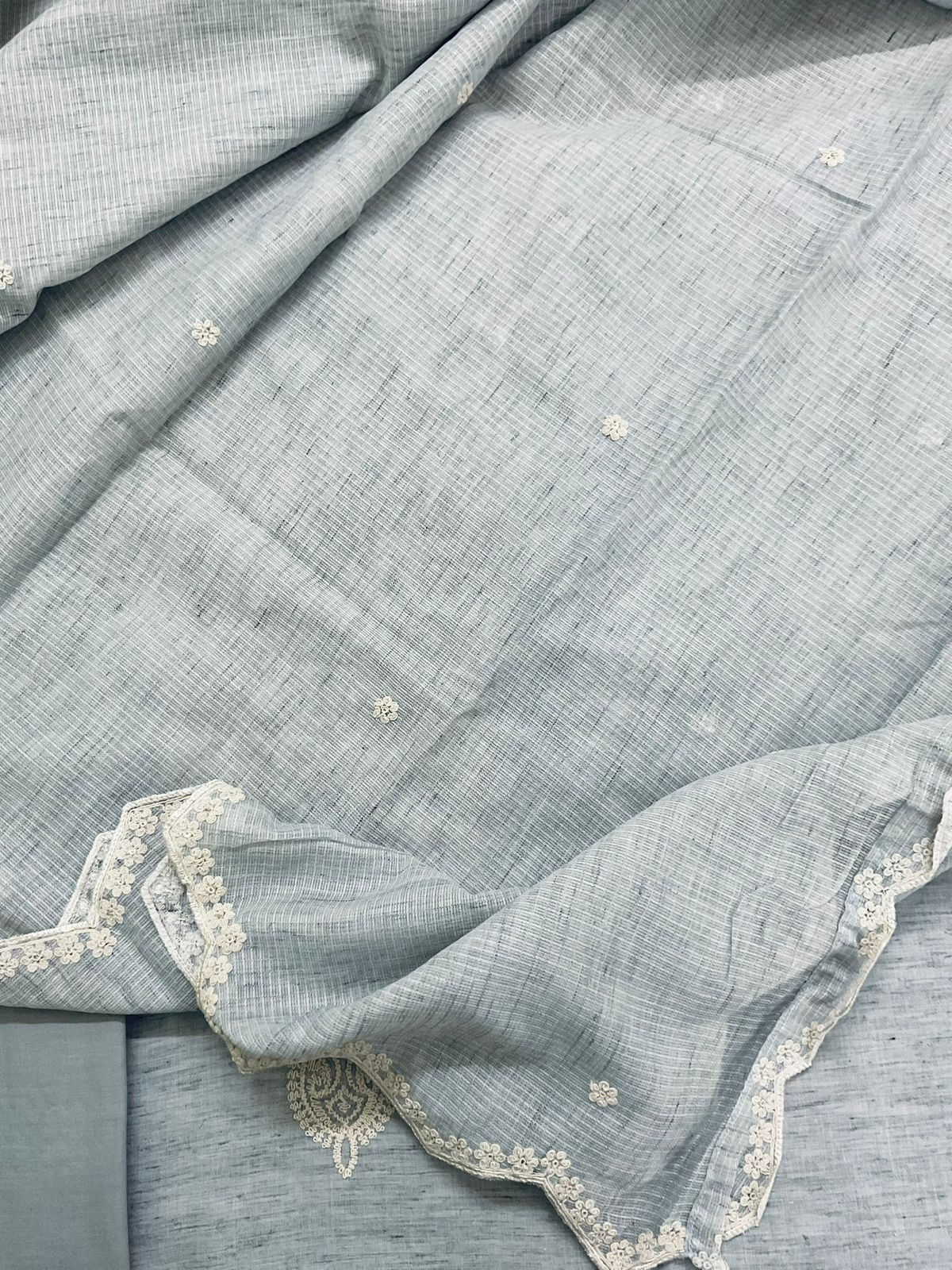 Pure Fine Handloom Cotton Embroidered Suit - Grey