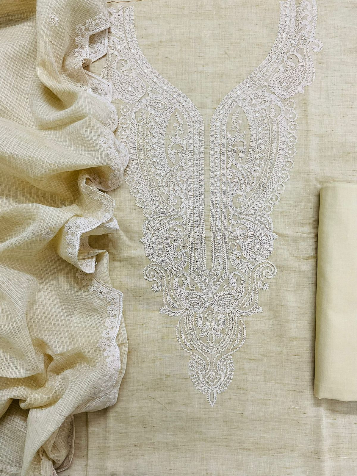 Pure Fine Handloom Cotton Embroidered Suit - Yellowish Beige