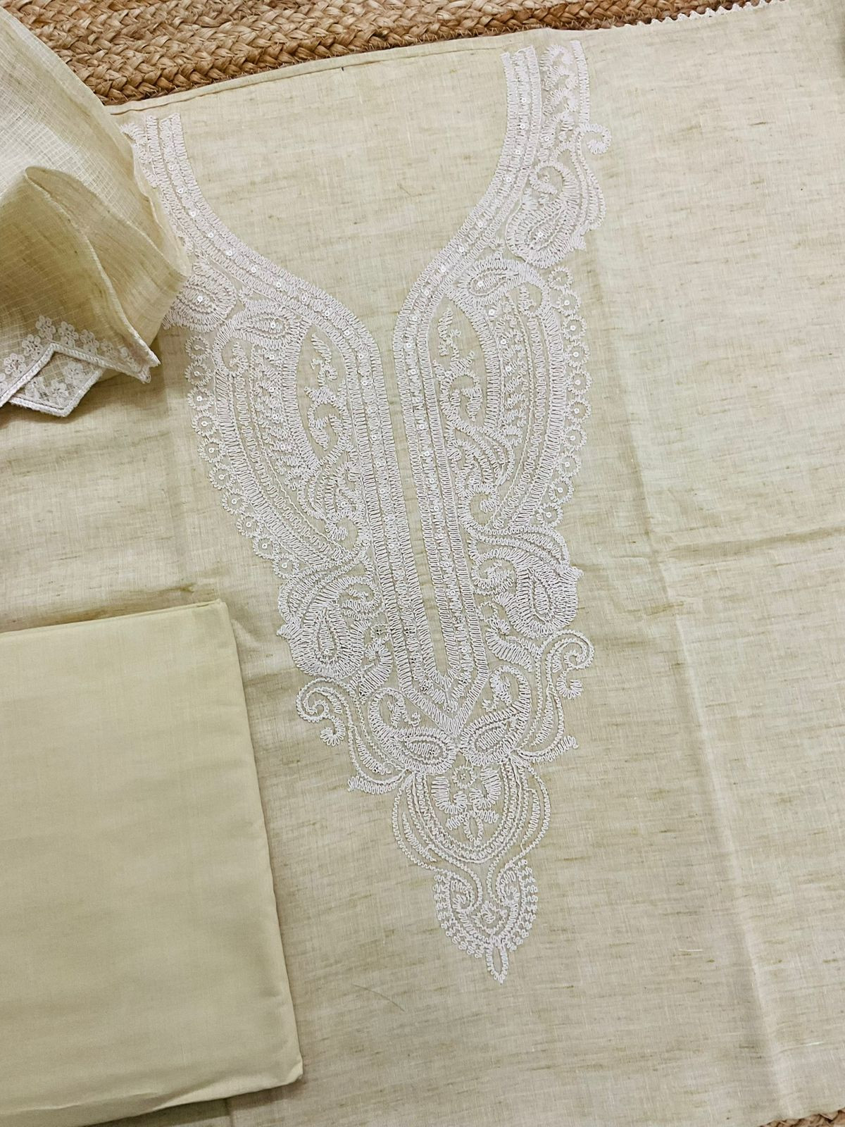 Pure Fine Handloom Cotton Embroidered Suit - Yellowish Beige