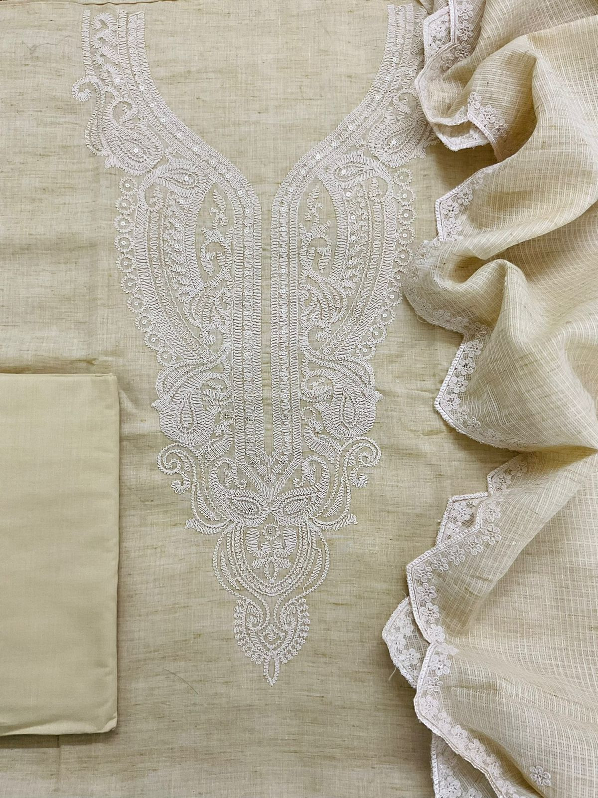 Pure Fine Handloom Cotton Embroidered Suit - Yellowish Beige