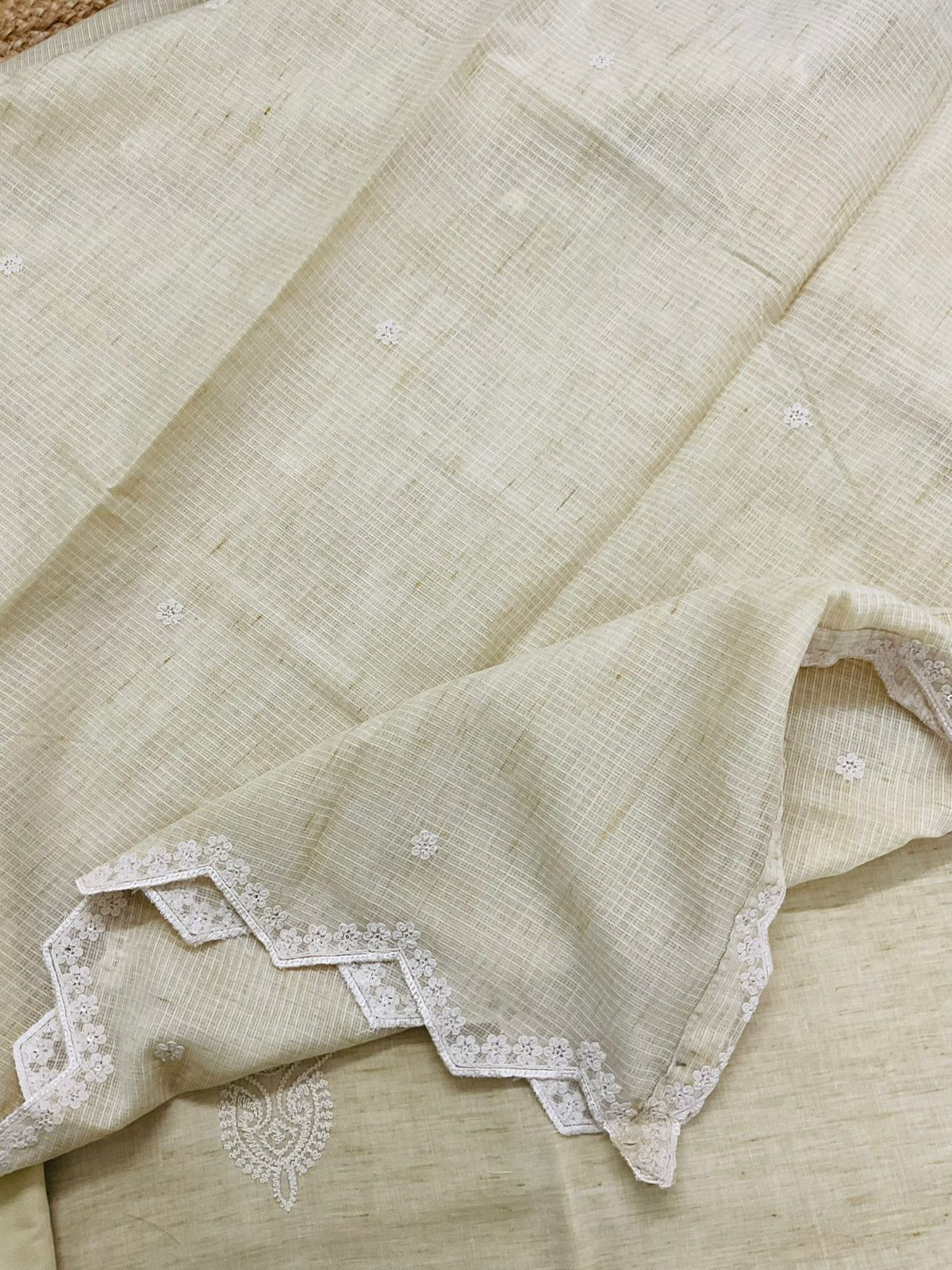 Pure Fine Handloom Cotton Embroidered Suit - Yellowish Beige