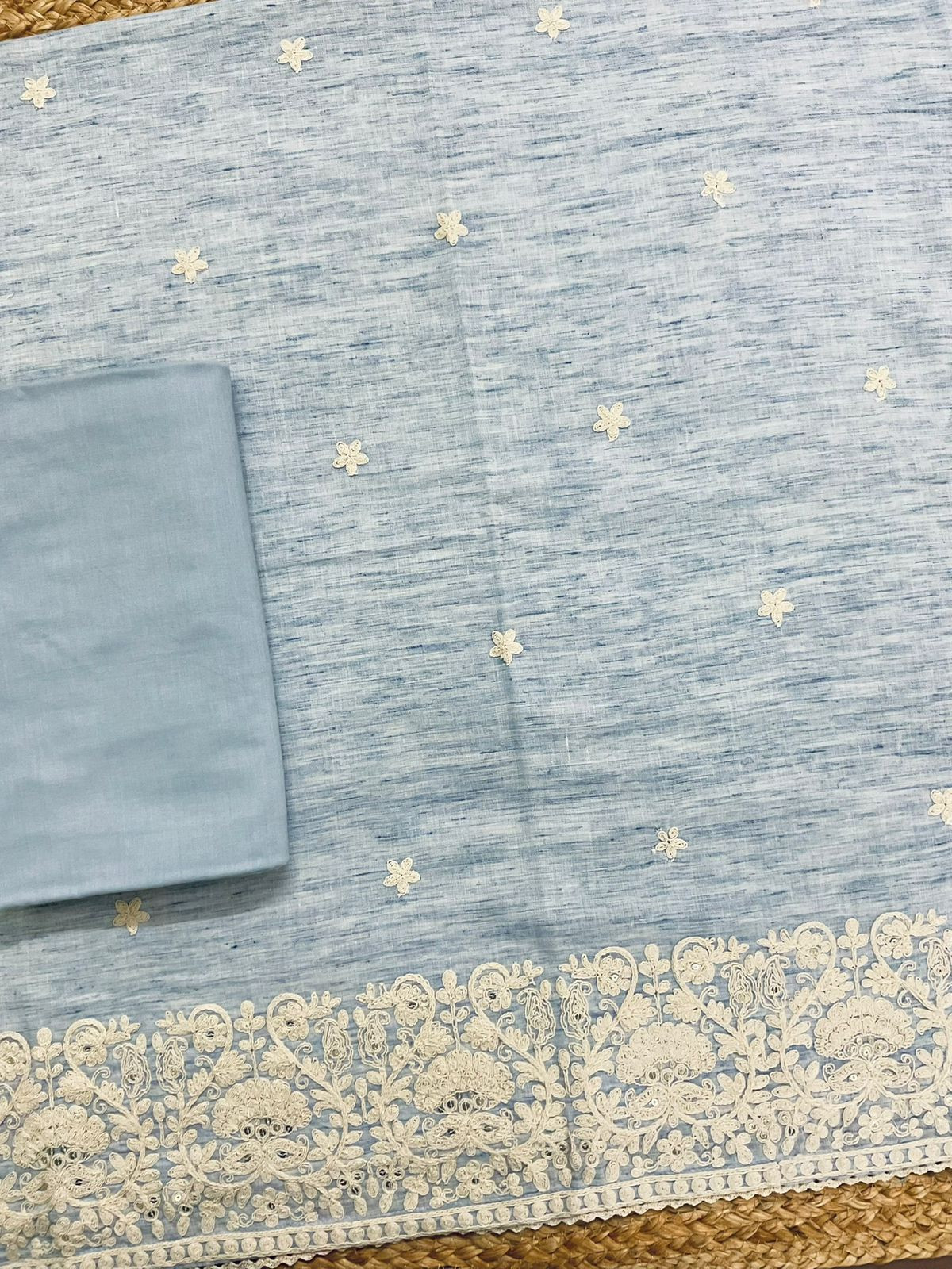 Pure Fine Handloom Cotton Embroidered Suit - Blue