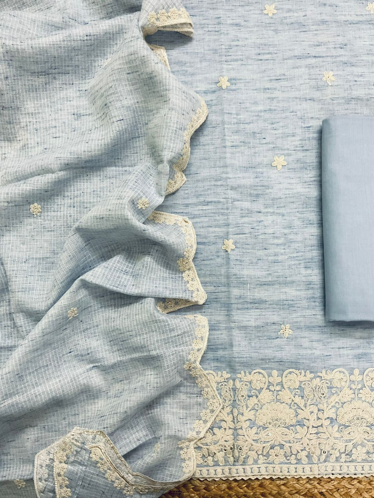 Pure Fine Handloom Cotton Embroidered Suit - Blue