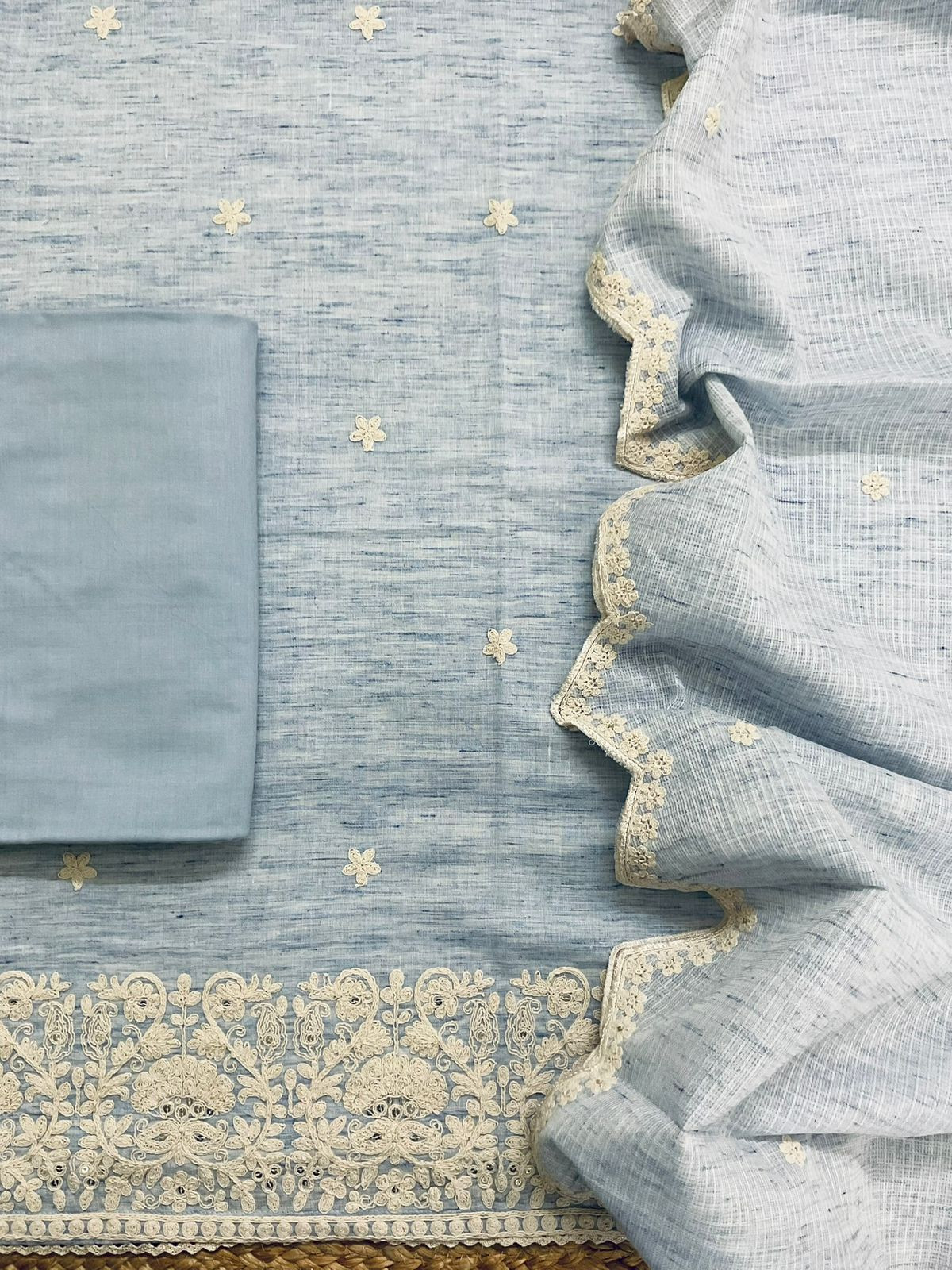 Pure Fine Handloom Cotton Embroidered Suit - Blue