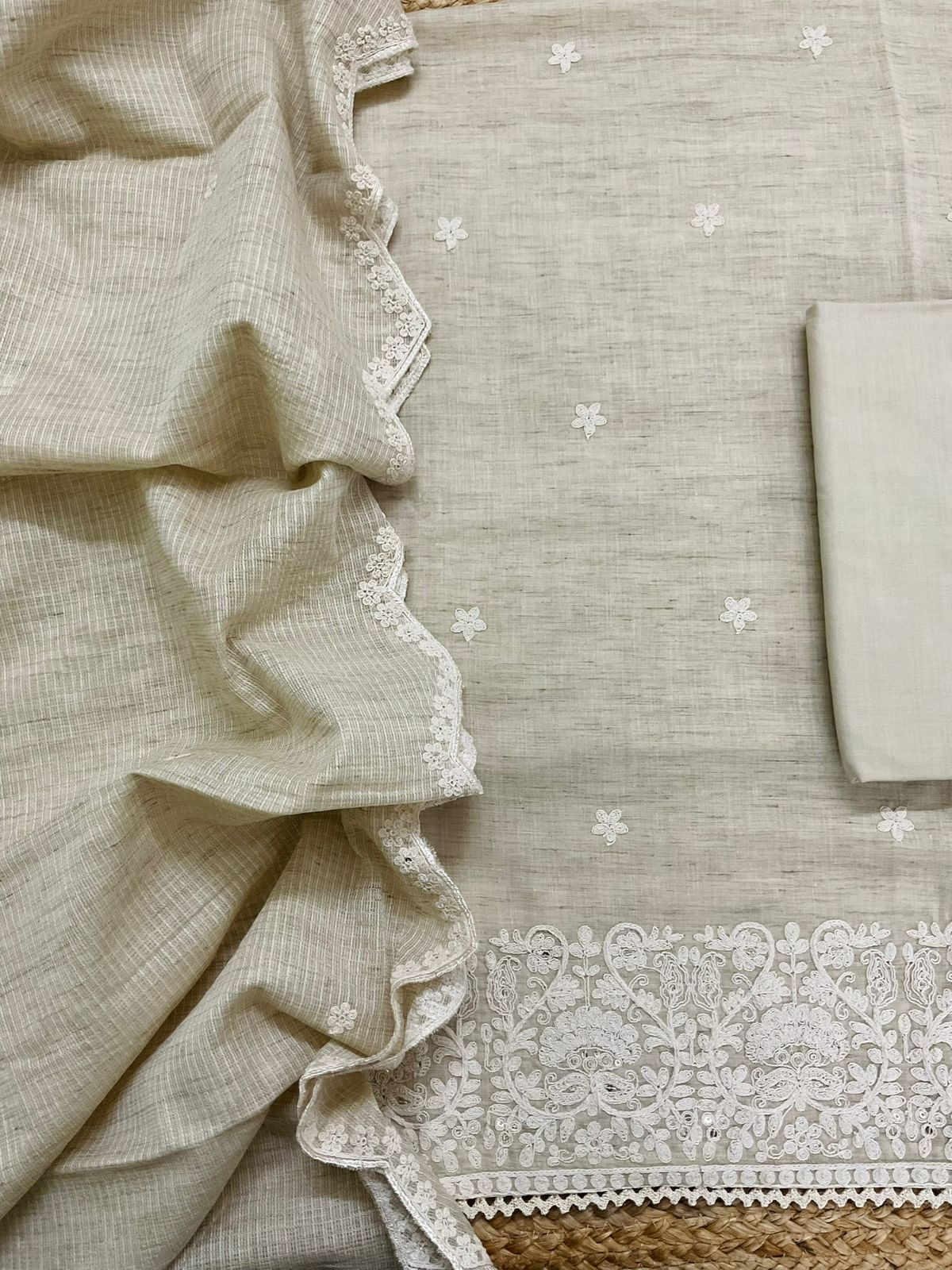 Pure Fine Handloom Cotton Embroidered Suit - Beige