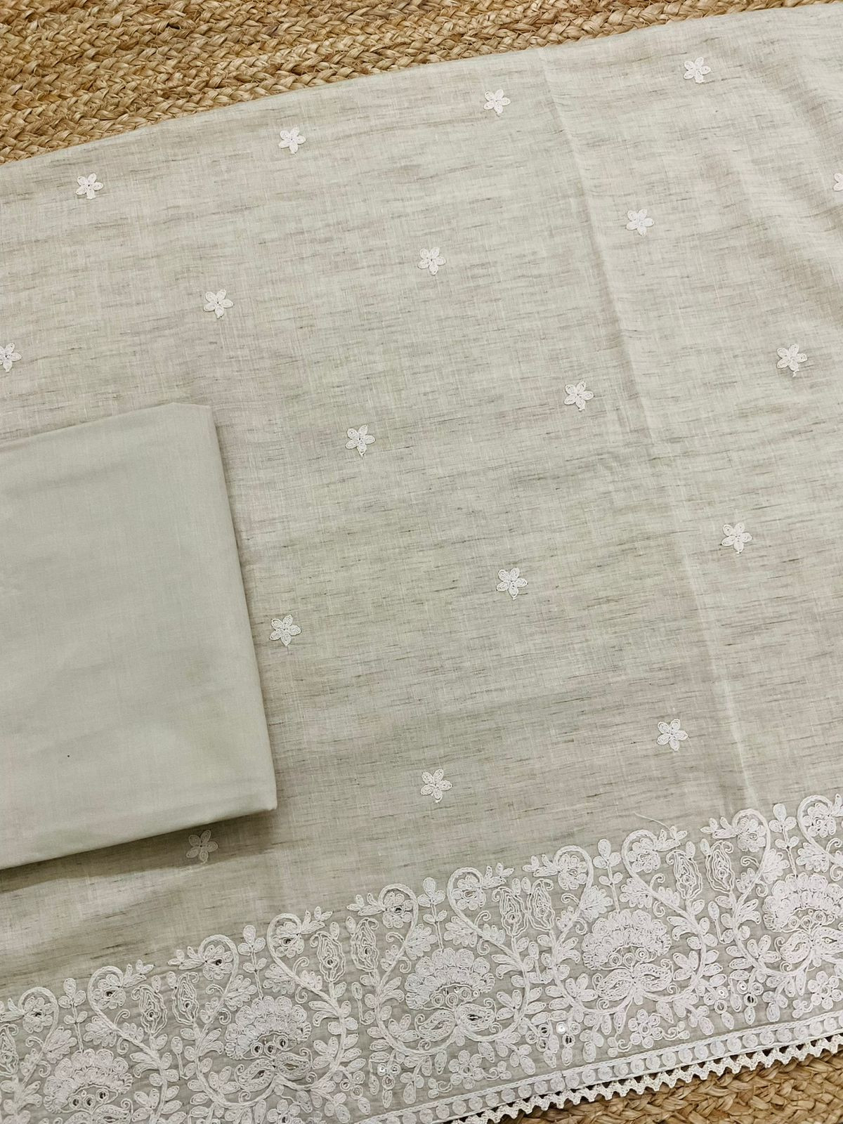 Pure Fine Handloom Cotton Embroidered Suit - Beige