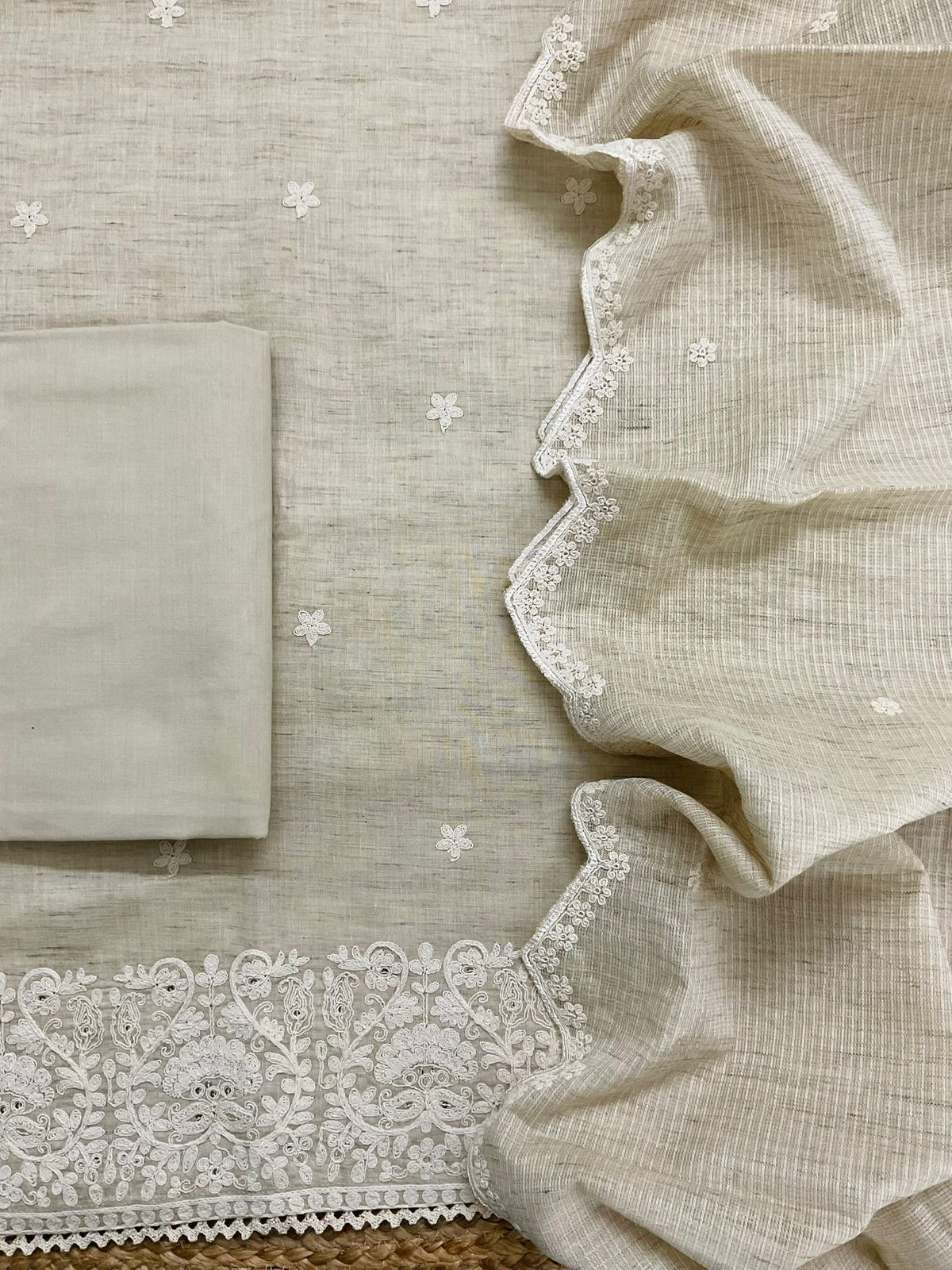 Pure Fine Handloom Cotton Embroidered Suit - Beige