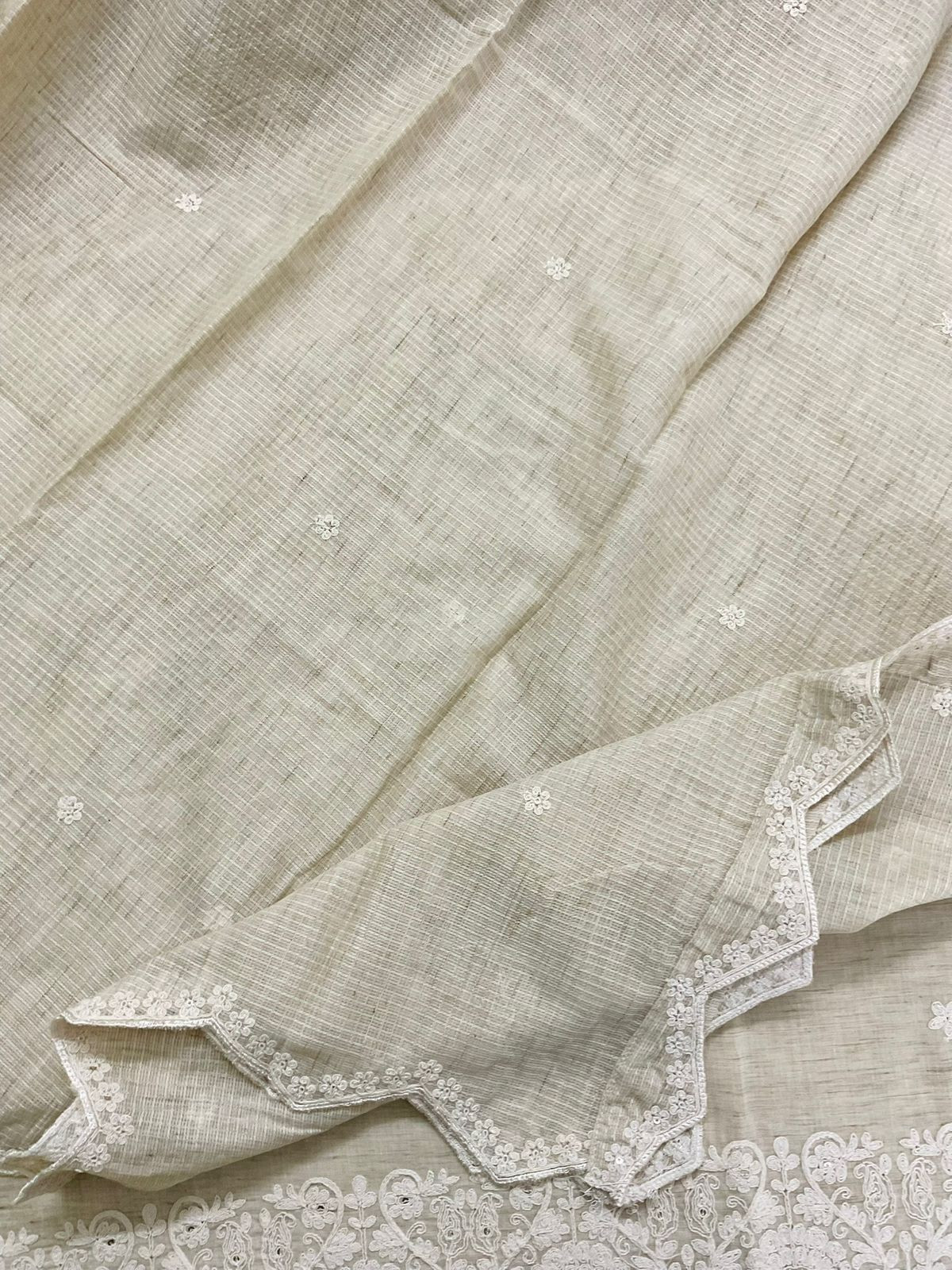 Pure Fine Handloom Cotton Embroidered Suit - Beige