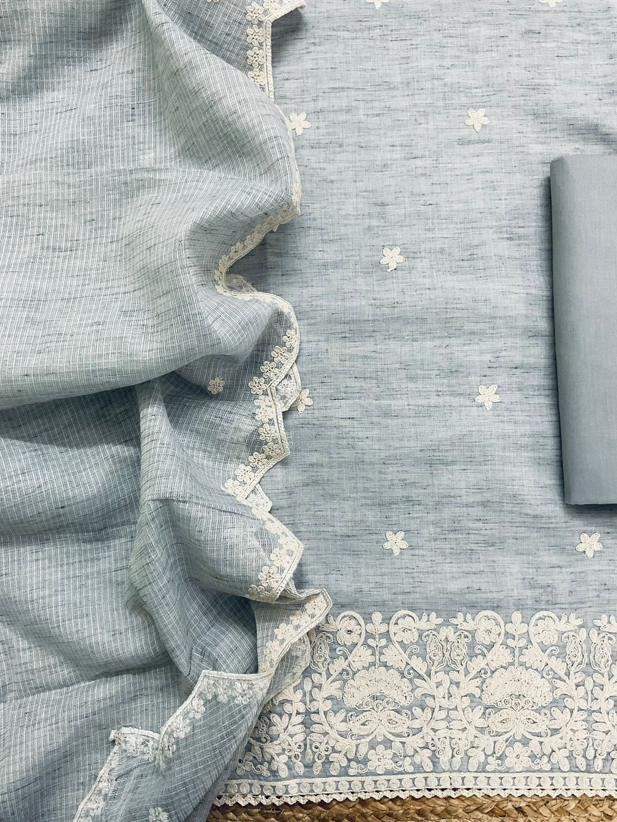 Pure Fine Handloom Cotton Embroidered Suit - Grey