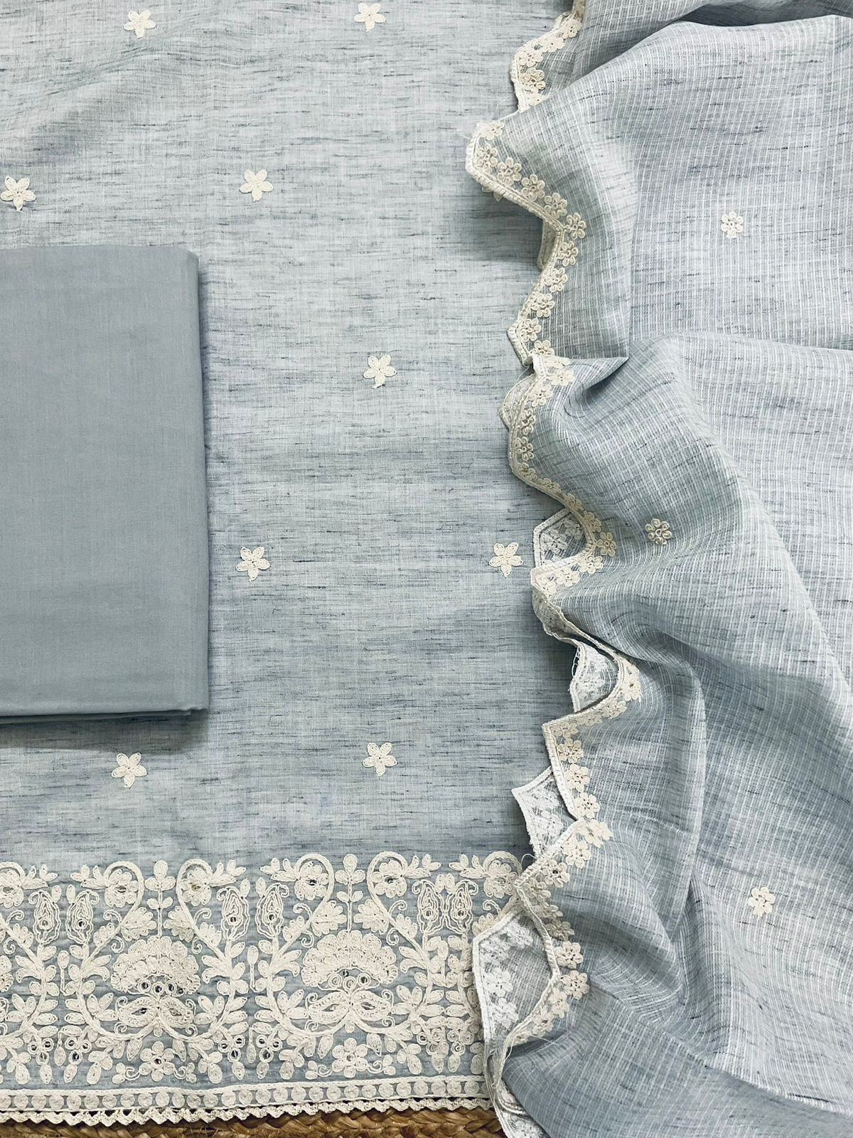 Pure Fine Handloom Cotton Embroidered Suit - Grey