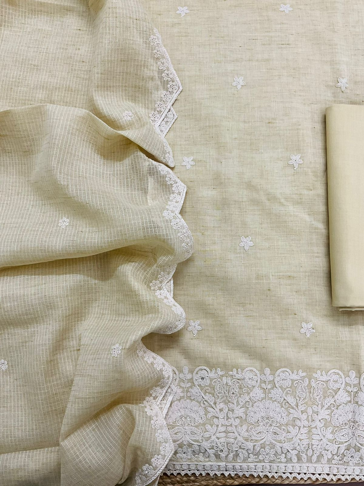 Pure Fine Handloom Cotton Embroidered Suit - Yellowish Beige
