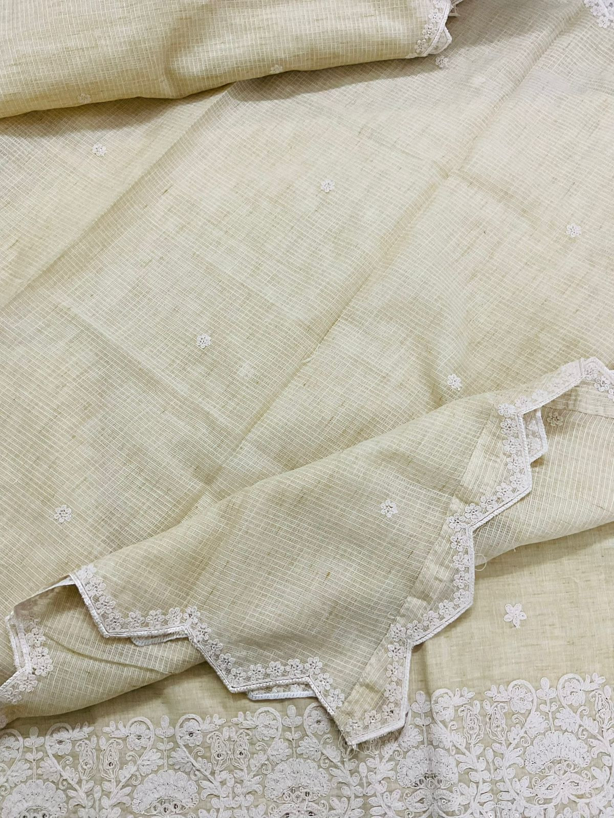 Pure Fine Handloom Cotton Embroidered Suit - Yellowish Beige