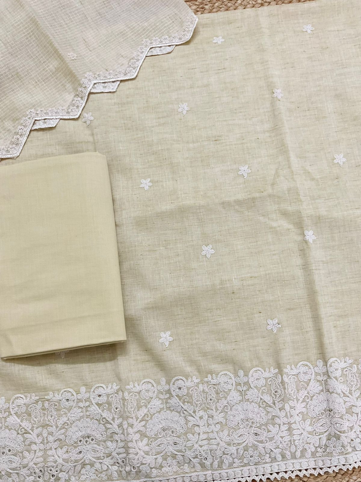 Pure Fine Handloom Cotton Embroidered Suit - Yellowish Beige