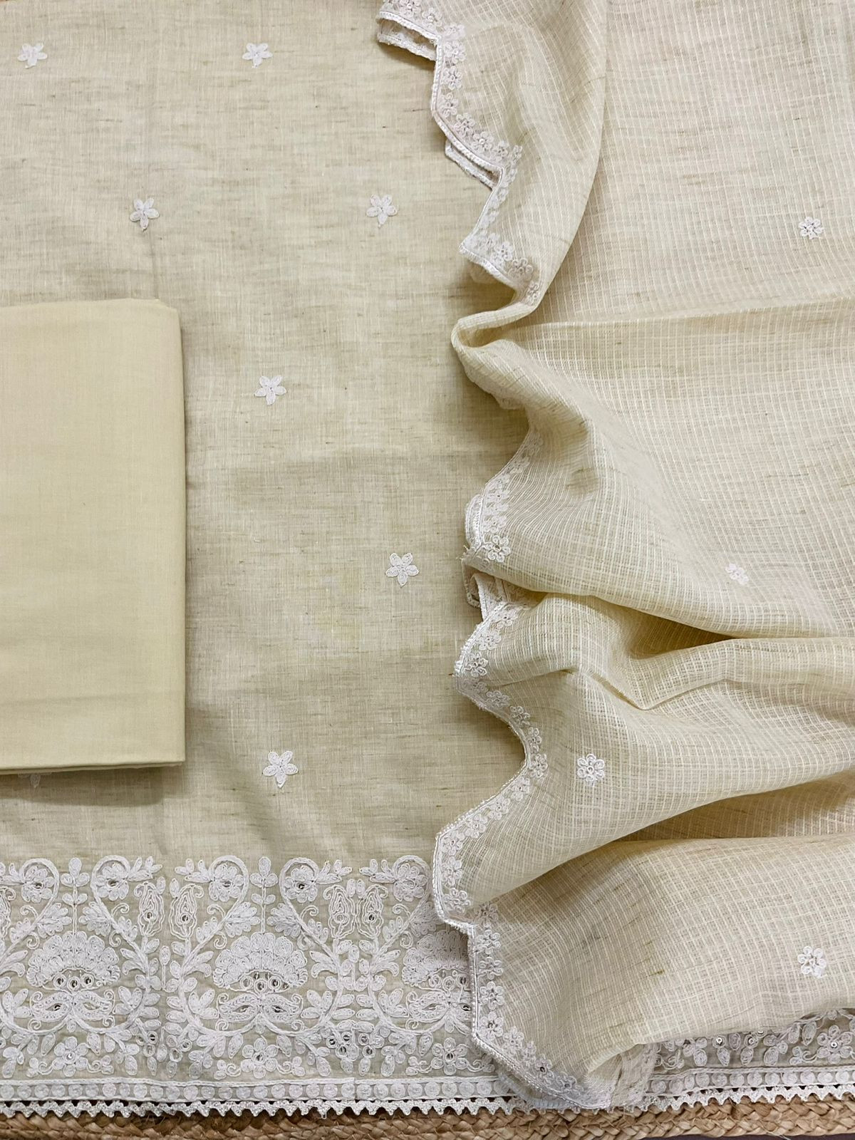 Pure Fine Handloom Cotton Embroidered Suit - Yellowish Beige
