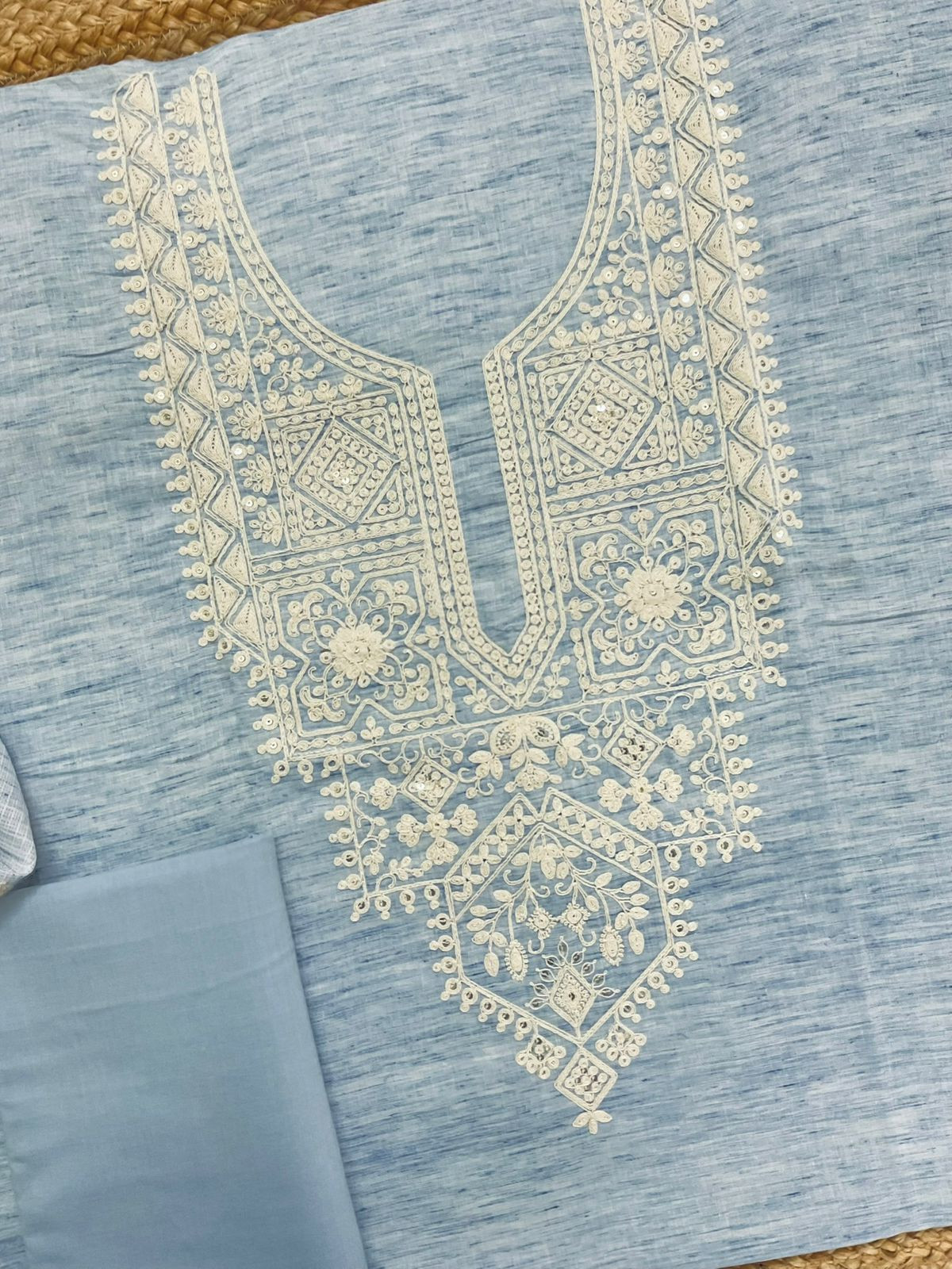 Pure Fine Handloom Cotton Embroidered Suit - Blue