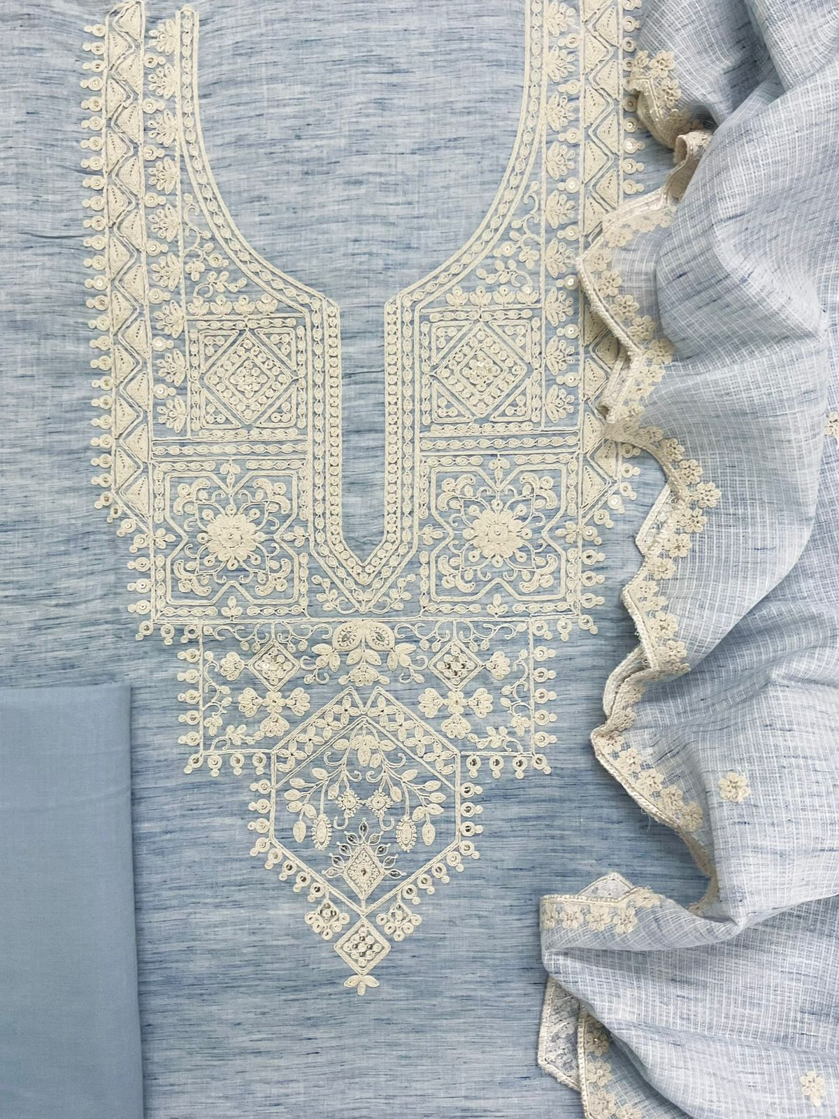 Pure Fine Handloom Cotton Embroidered Suit - Blue