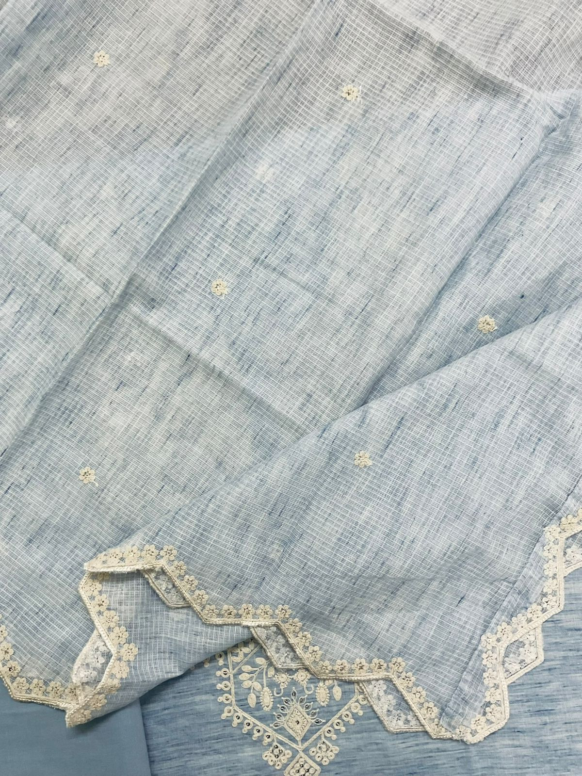 Pure Fine Handloom Cotton Embroidered Suit - Blue