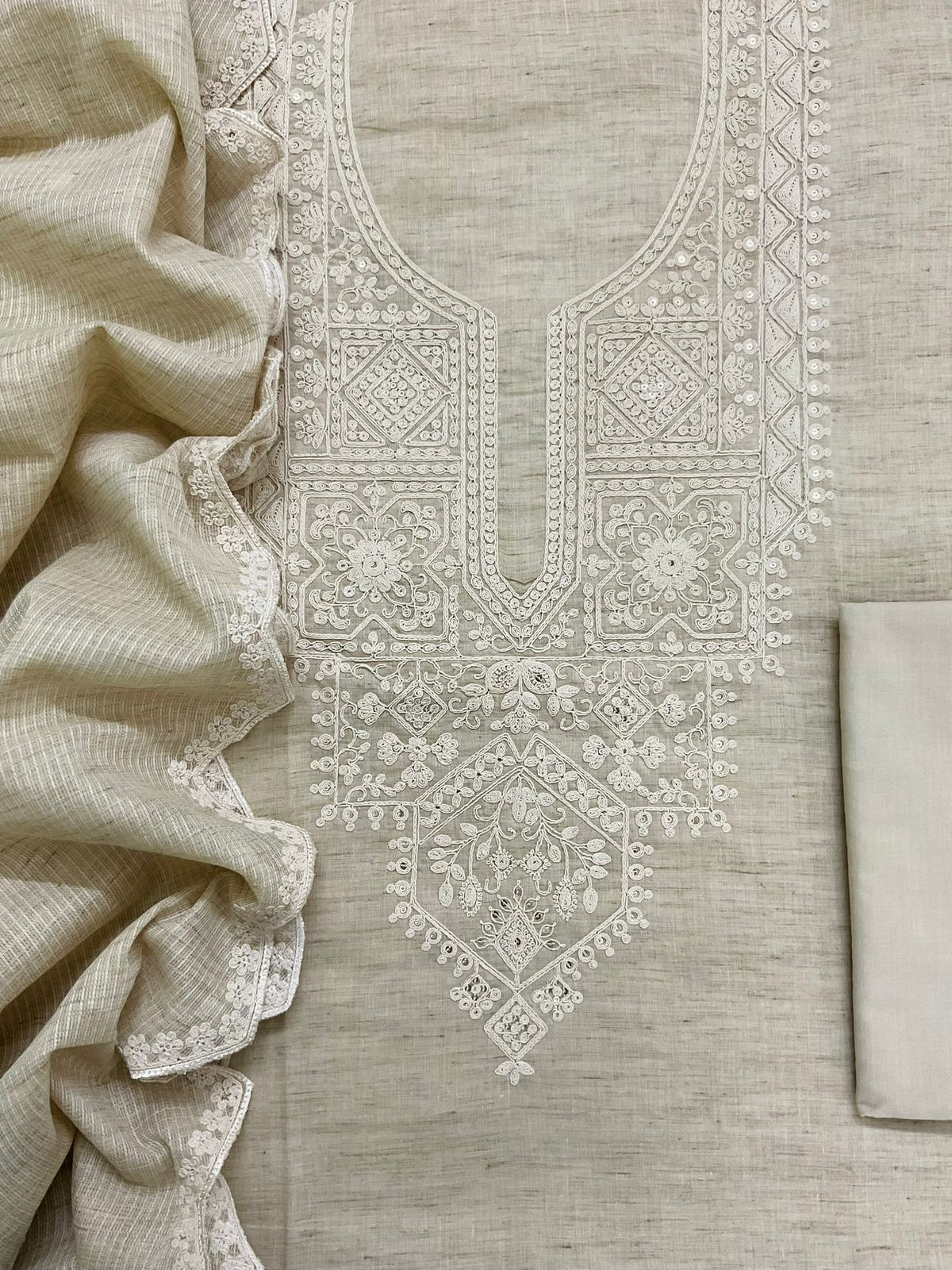 Pure Fine Handloom Cotton Embroidered Suit - Beige