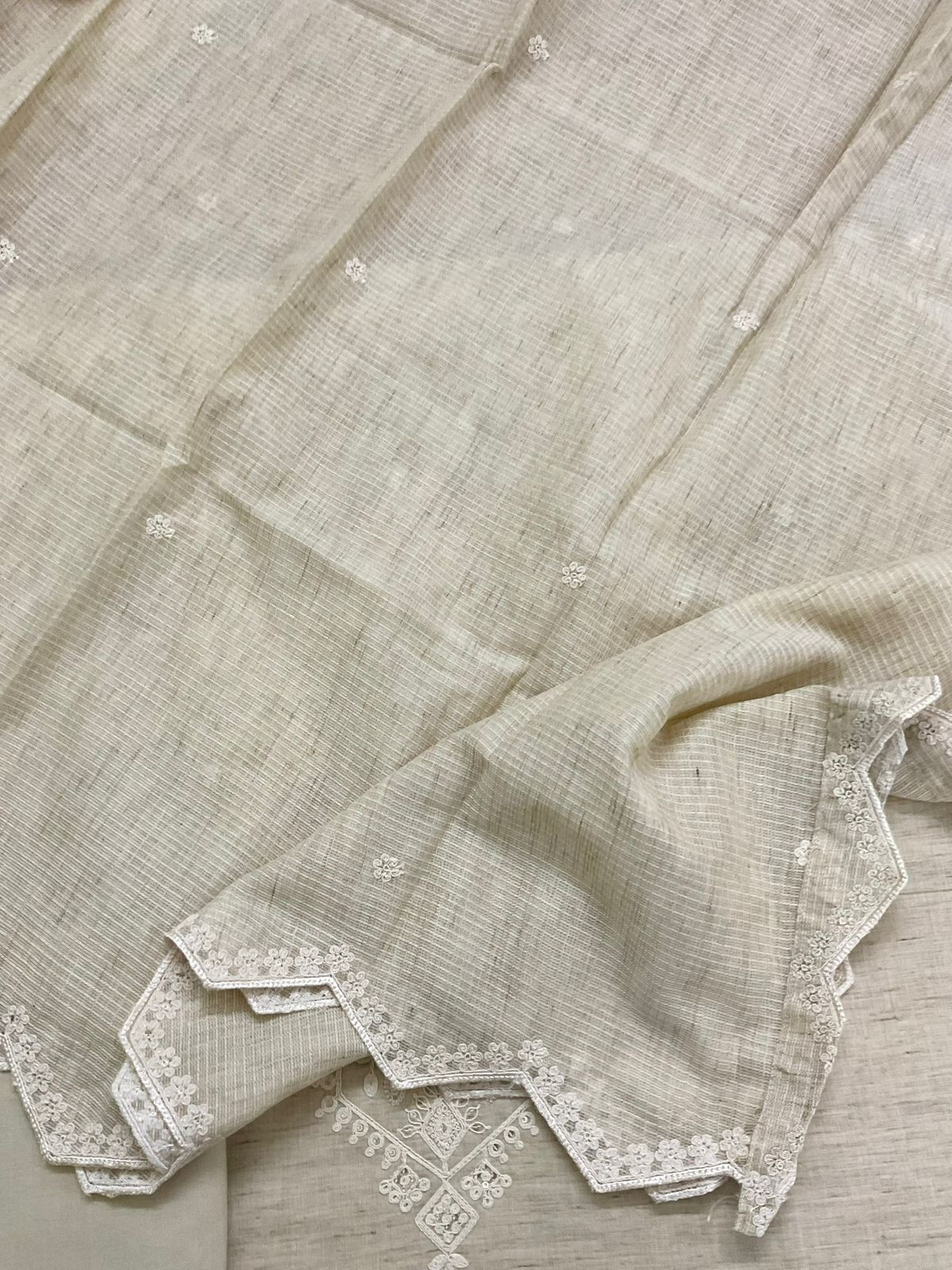 Pure Fine Handloom Cotton Embroidered Suit - Beige