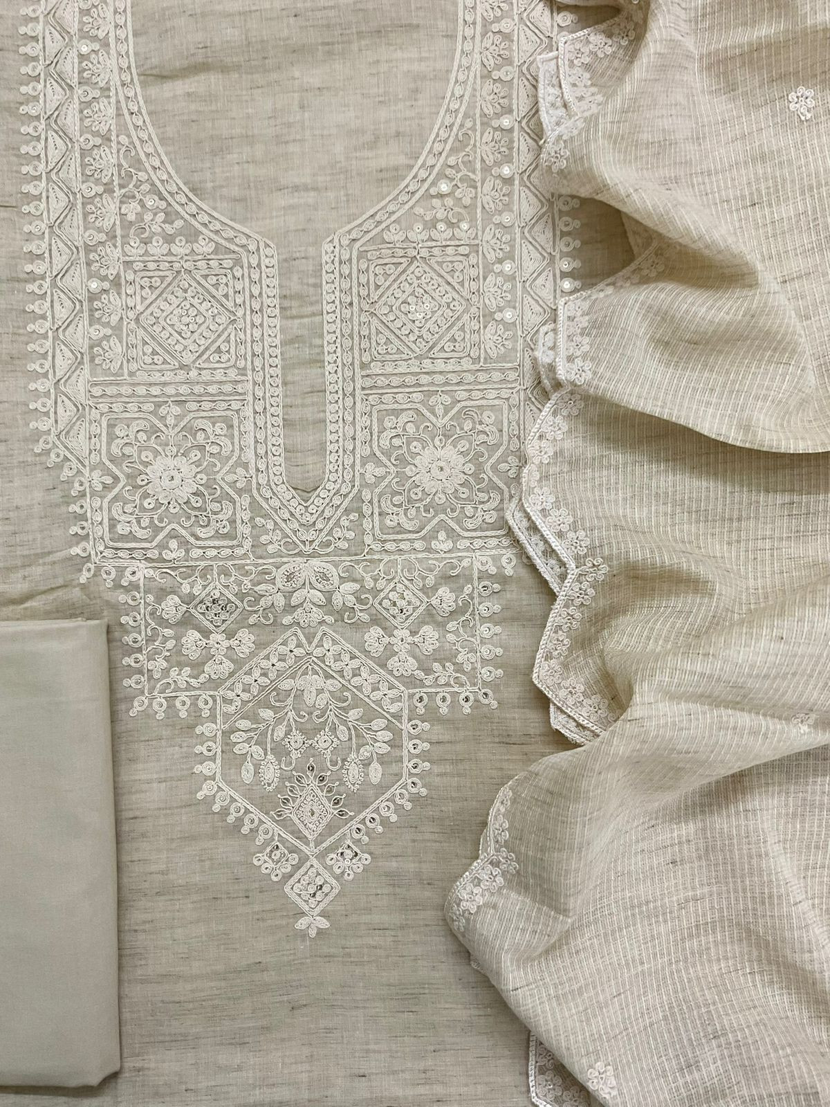 Pure Fine Handloom Cotton Embroidered Suit - Beige