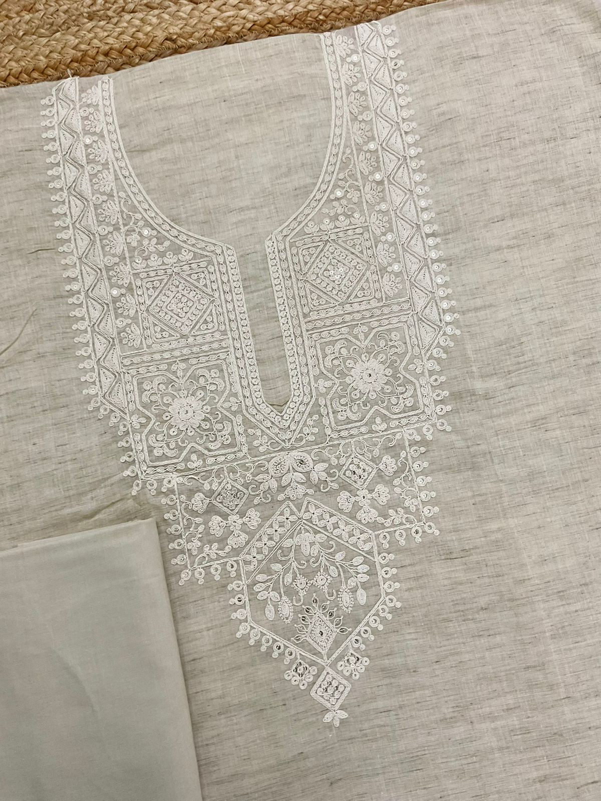 Pure Fine Handloom Cotton Embroidered Suit - Beige