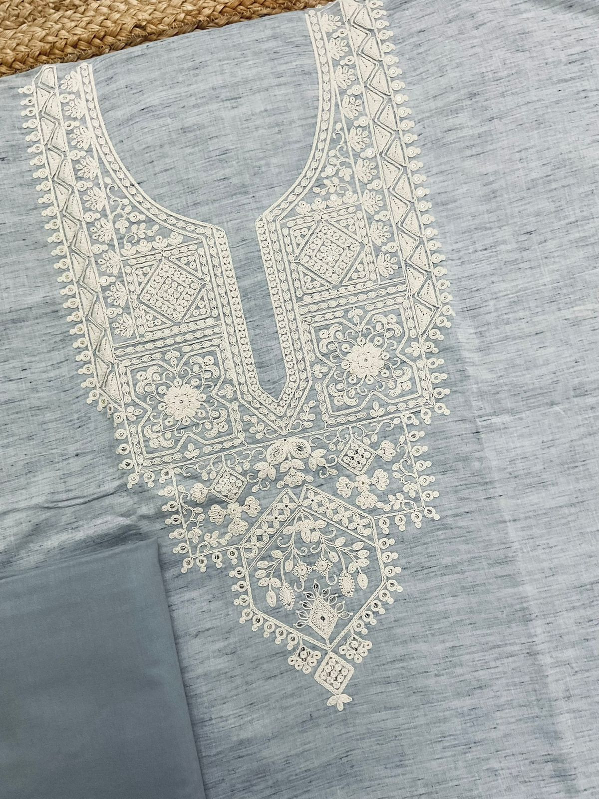 Pure Fine Handloom Cotton Embroidered Suit - Grey