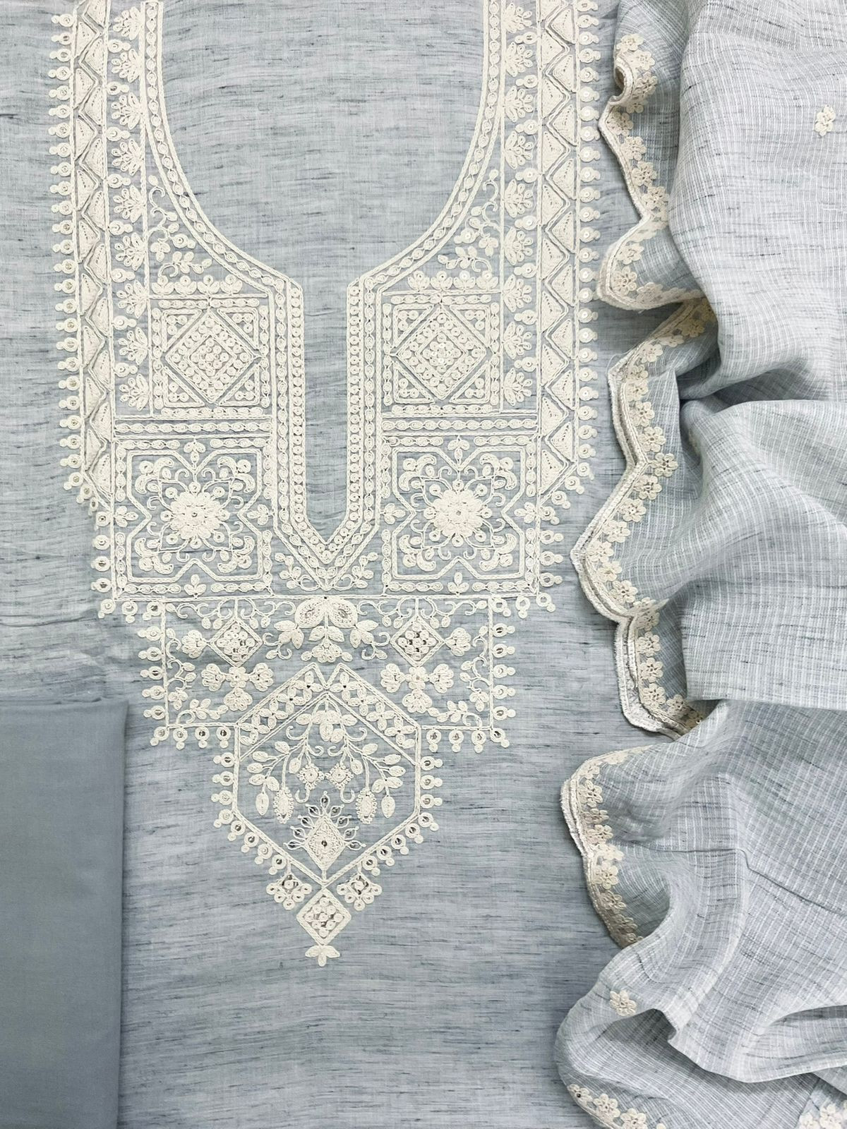 Pure Fine Handloom Cotton Embroidered Suit - Grey