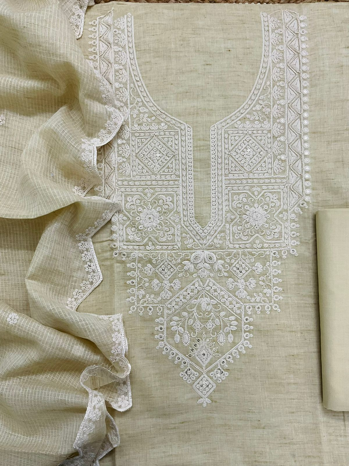 Pure Fine Handloom Cotton Embroidered Suit - Yellowish Beige