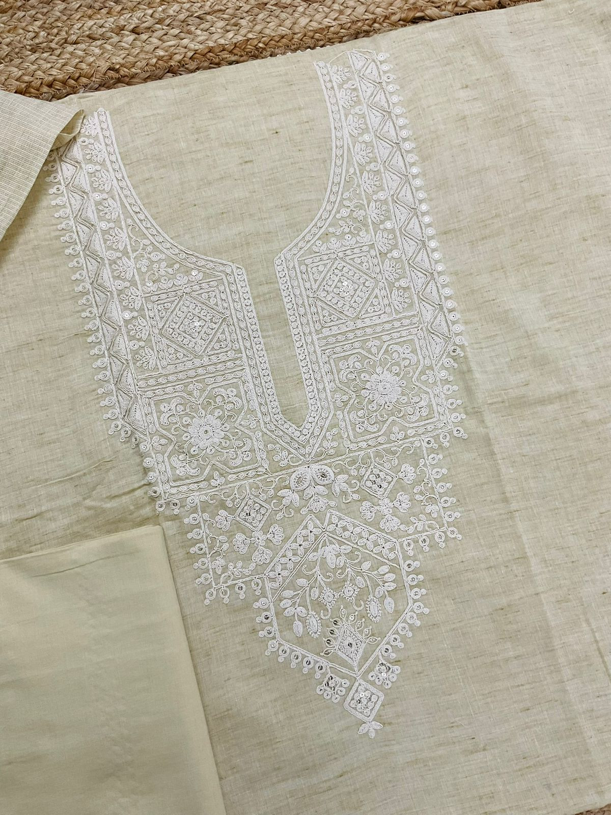 Pure Fine Handloom Cotton Embroidered Suit - Yellowish Beige