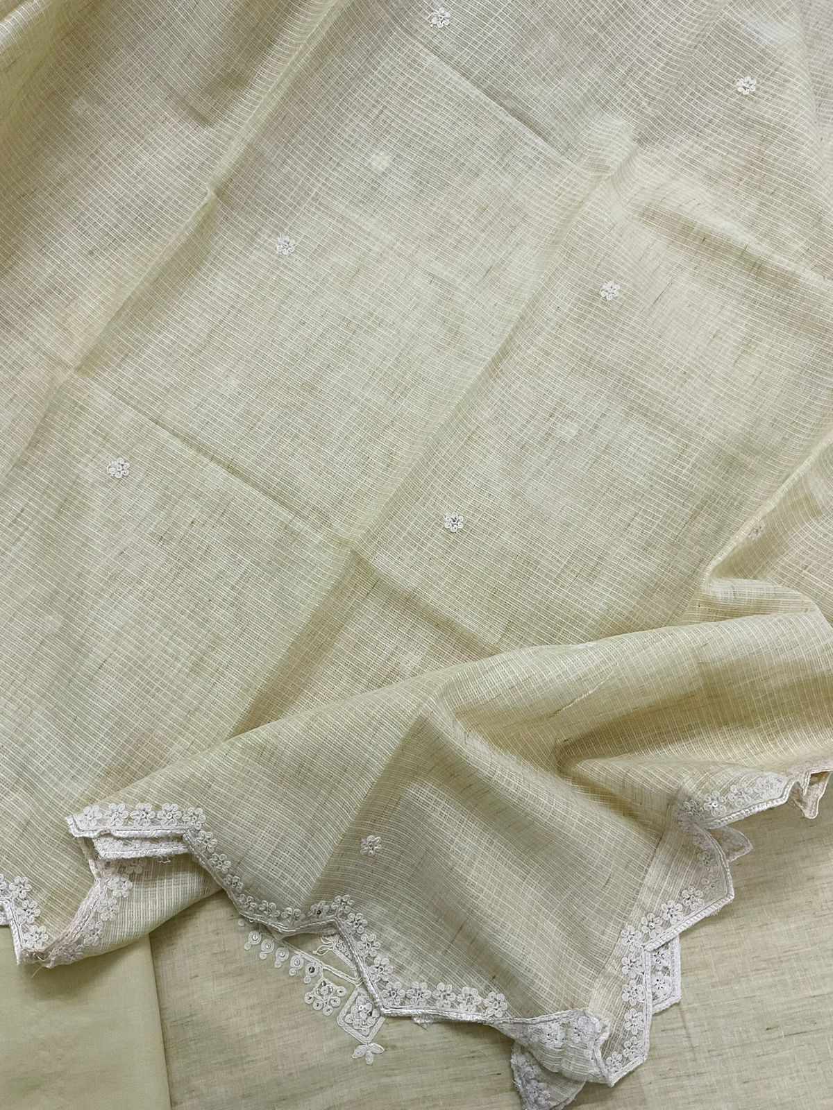 Pure Fine Handloom Cotton Embroidered Suit - Yellowish Beige