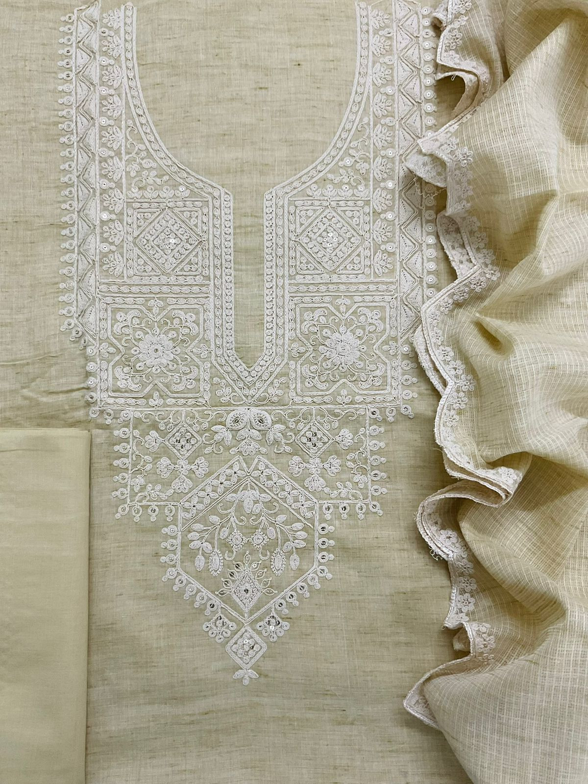 Pure Fine Handloom Cotton Embroidered Suit - Yellowish Beige