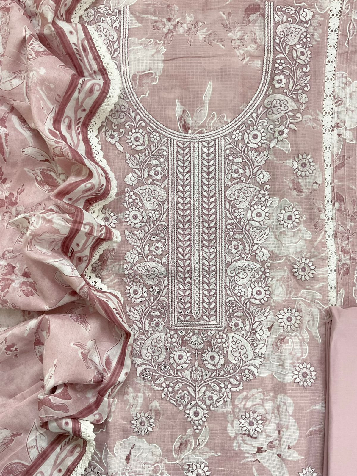 Pure Kota Cotton Printed Embroidered Suit - Onion Pink