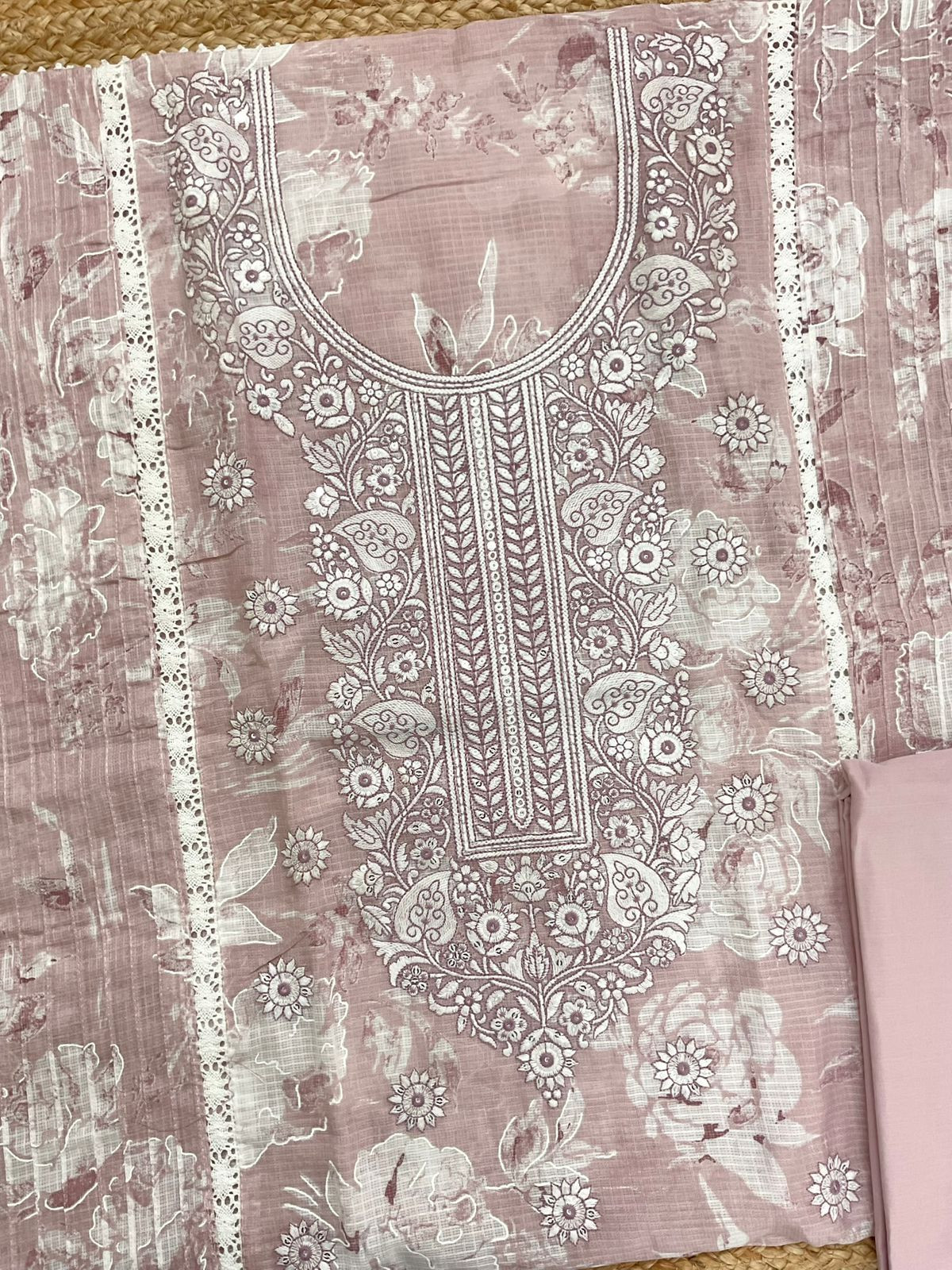 Pure Kota Cotton Printed Embroidered Suit - Onion Pink