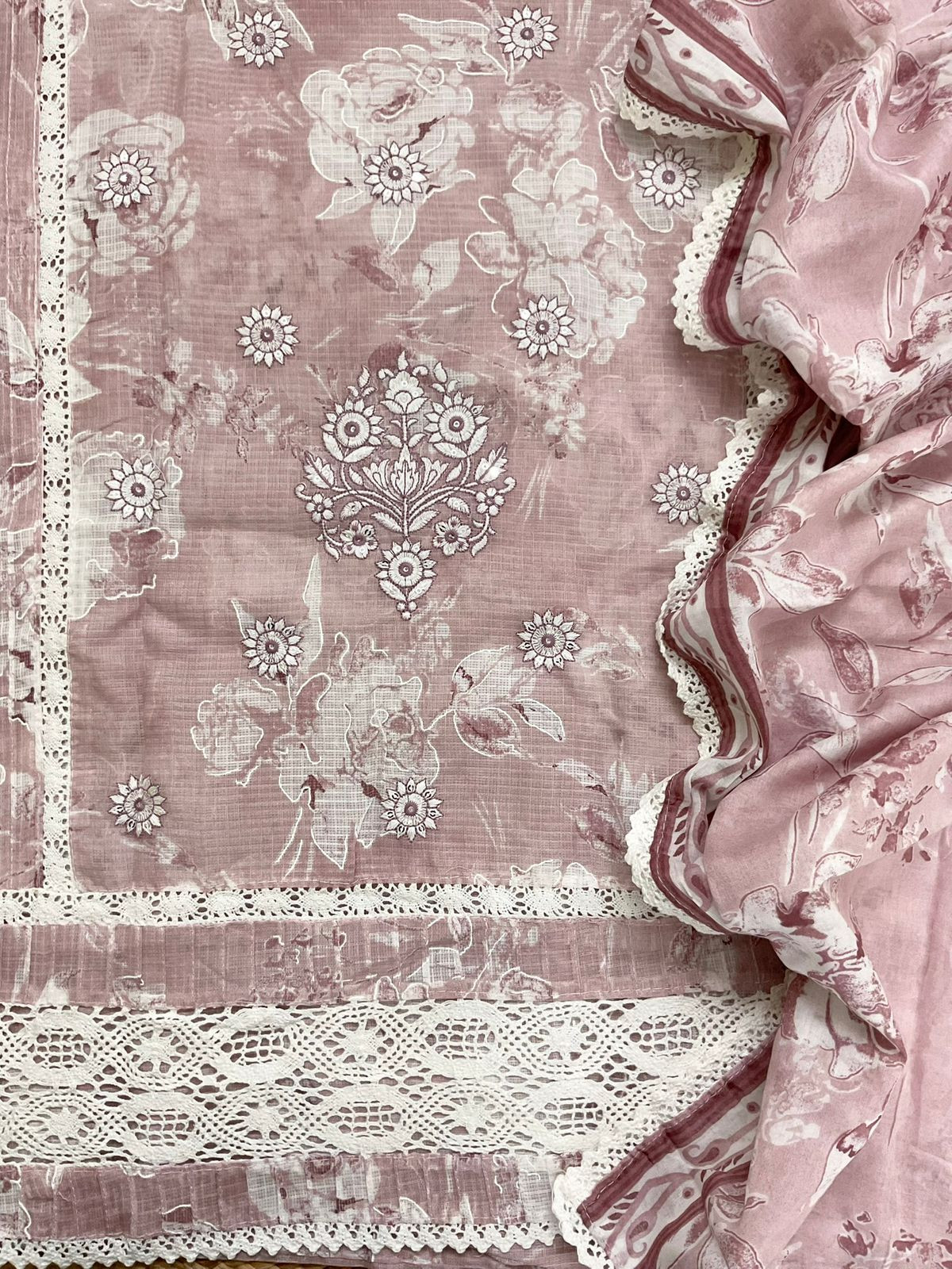 Pure Kota Cotton Printed Embroidered Suit - Onion Pink