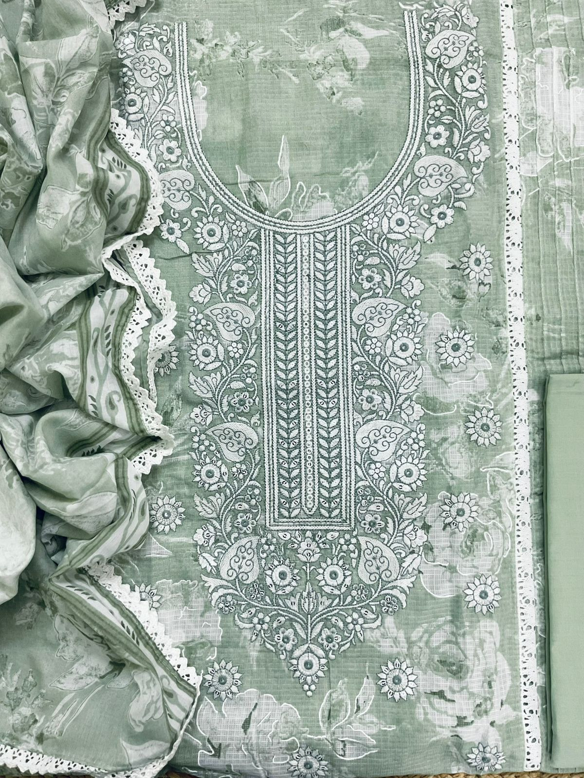 Pure Kota Cotton Printed Embroidered Suit - Green