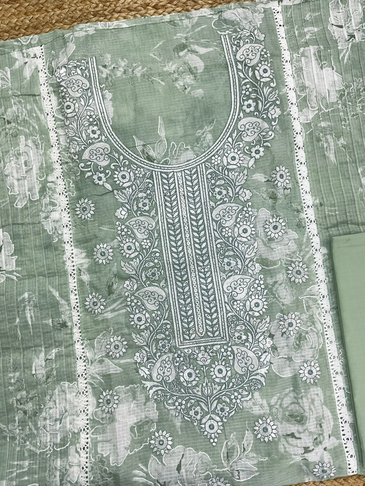 Pure Kota Cotton Printed Embroidered Suit - Green