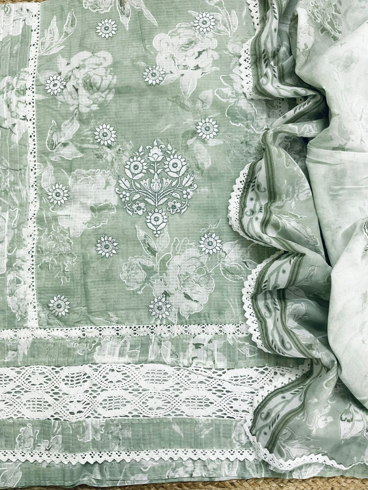 Pure Kota Cotton Printed Embroidered Suit - Green