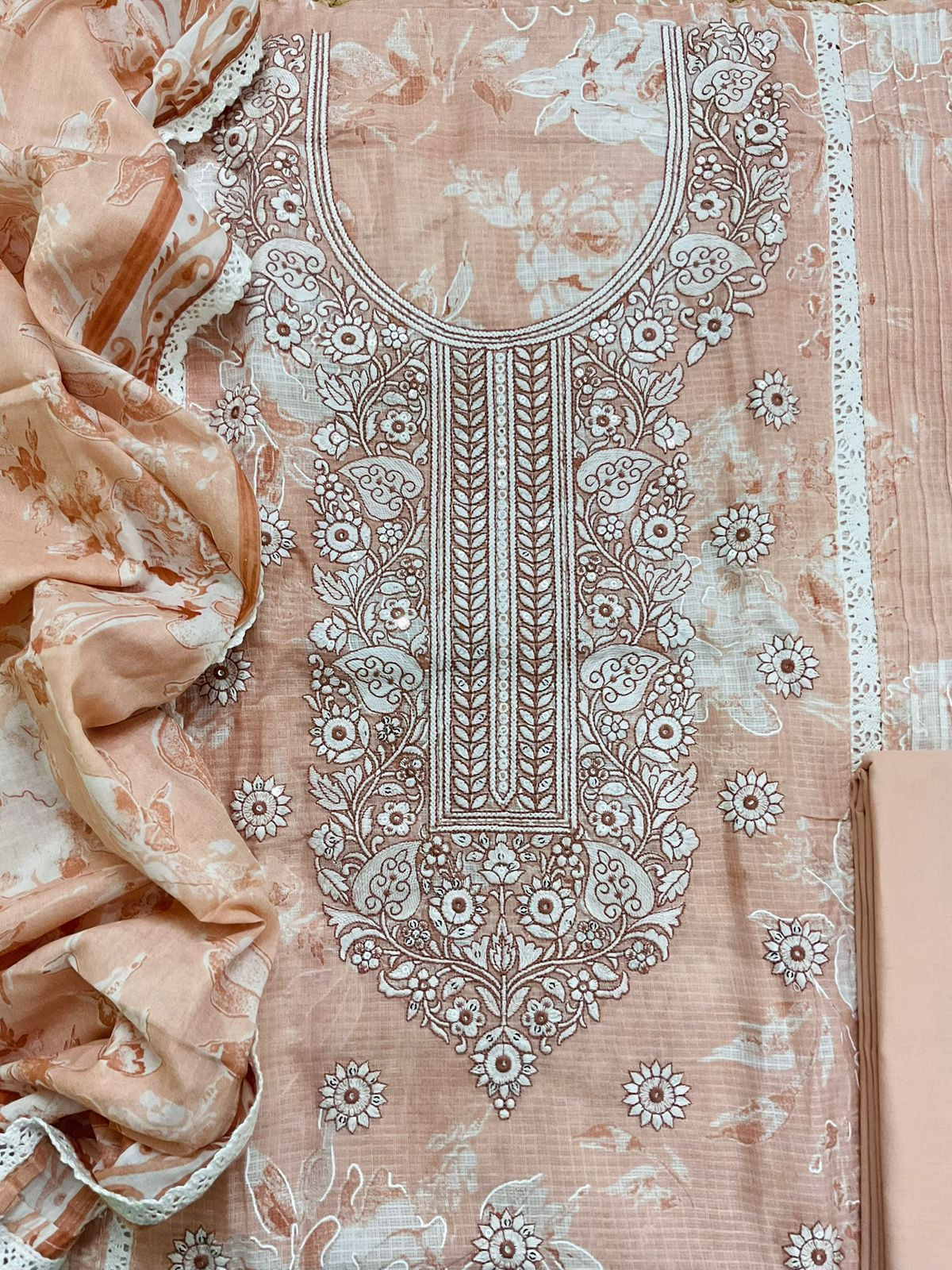 Pure Kota Cotton Printed Embroidered Suit - Peach