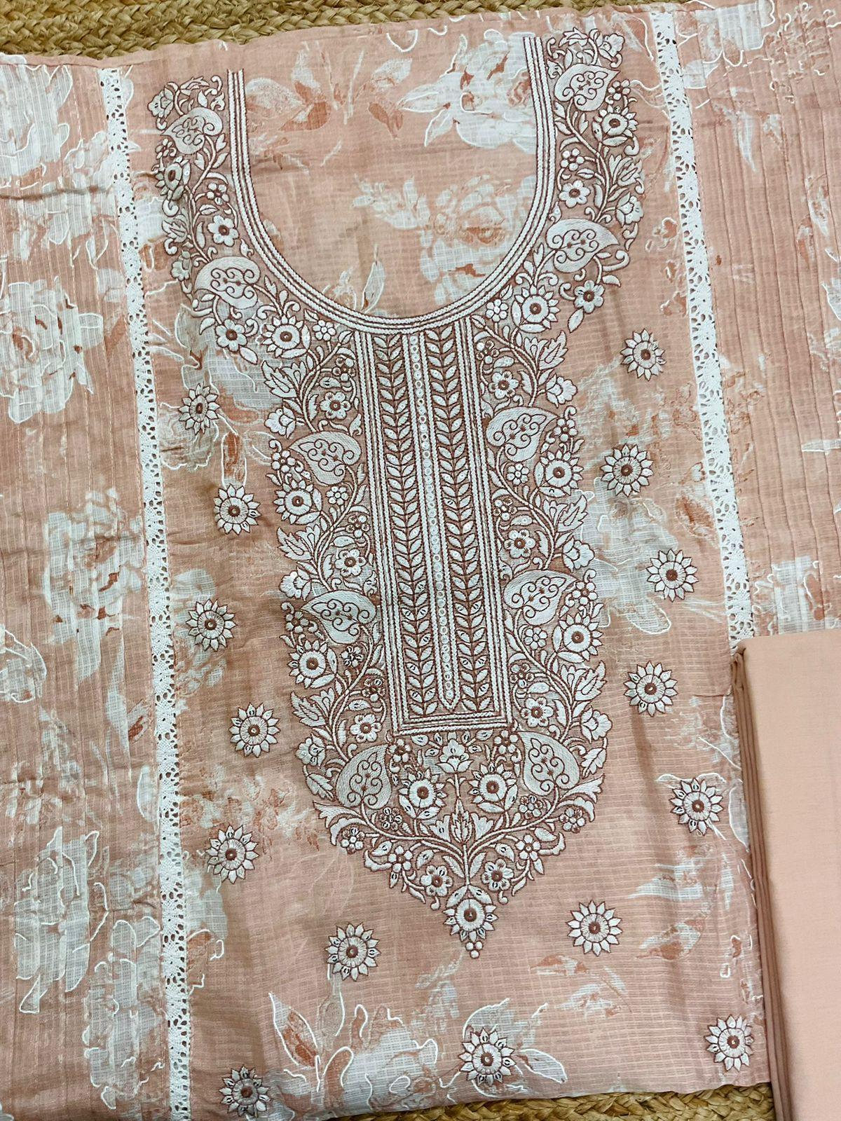 Pure Kota Cotton Printed Embroidered Suit - Peach