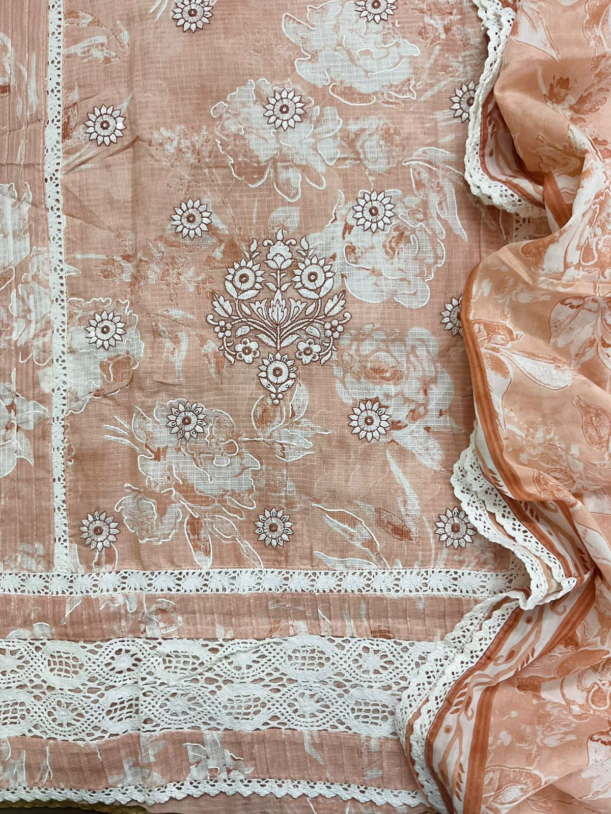 Pure Kota Cotton Printed Embroidered Suit - Peach