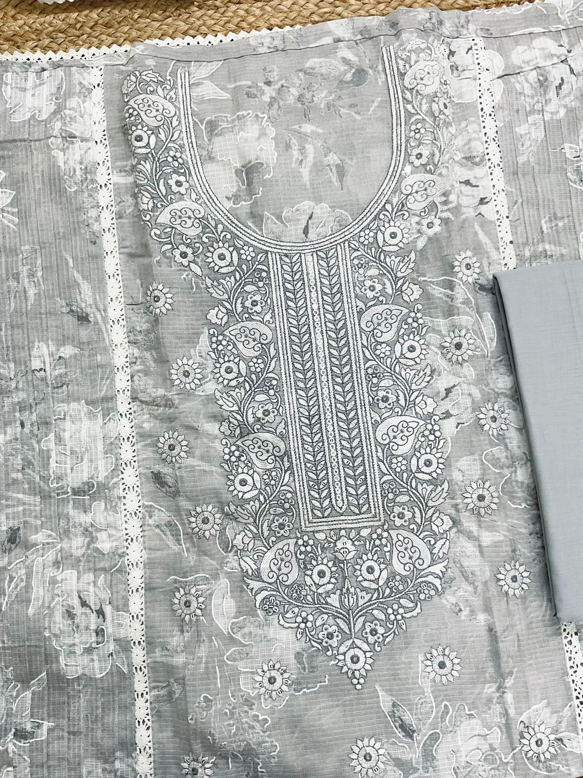 Pure Kota Cotton Printed Embroidered Suit - Grey