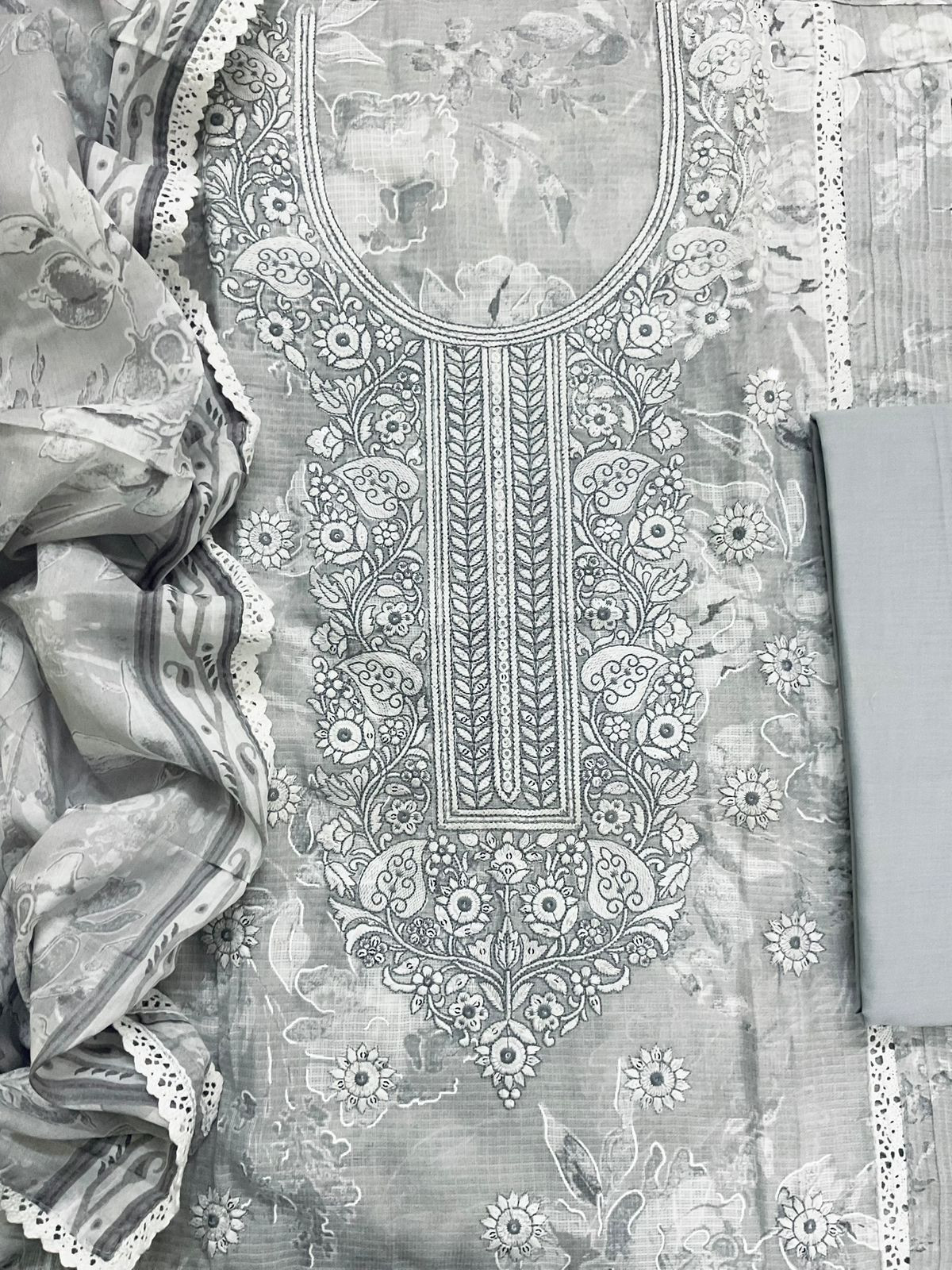 Pure Kota Cotton Printed Embroidered Suit - Grey