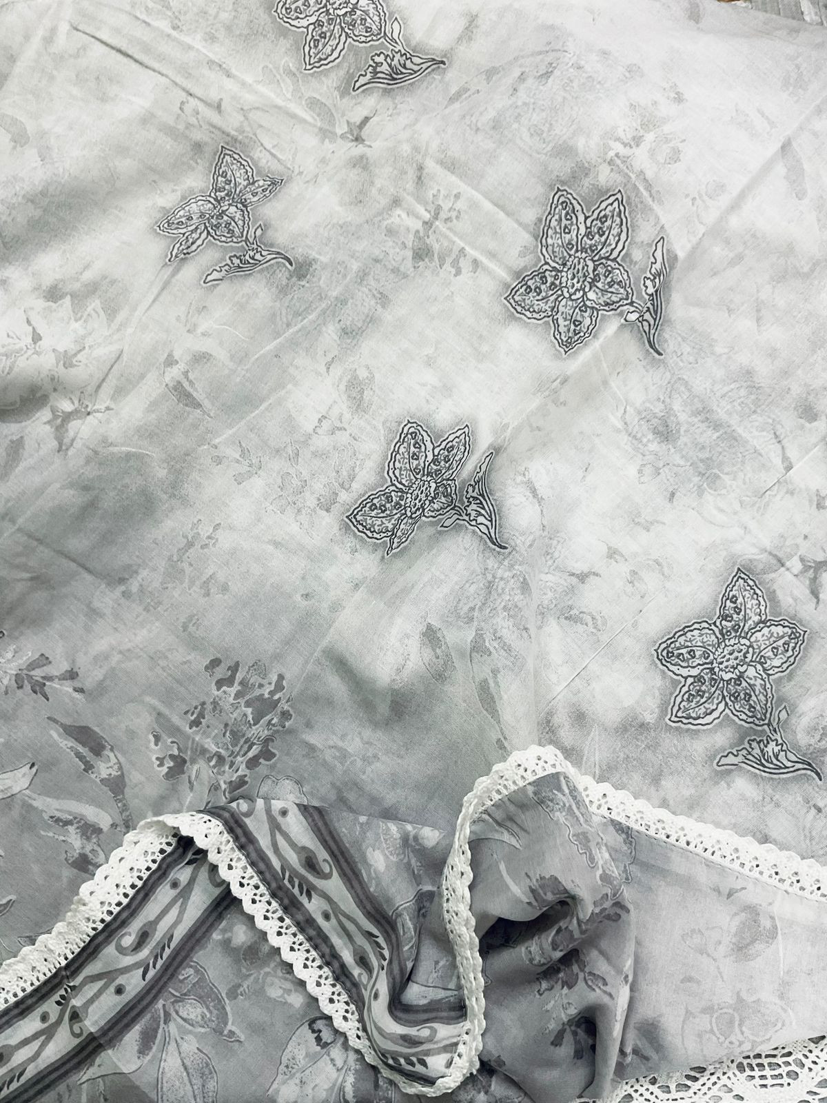 Pure Kota Cotton Printed Embroidered Suit - Grey