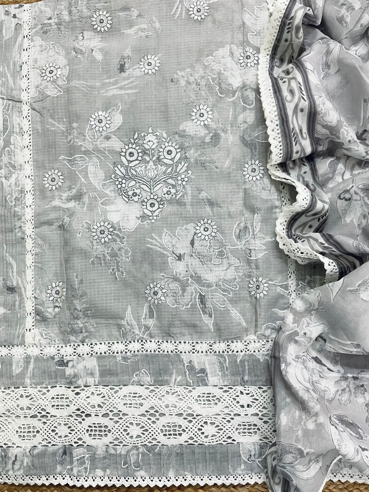 Pure Kota Cotton Printed Embroidered Suit - Grey