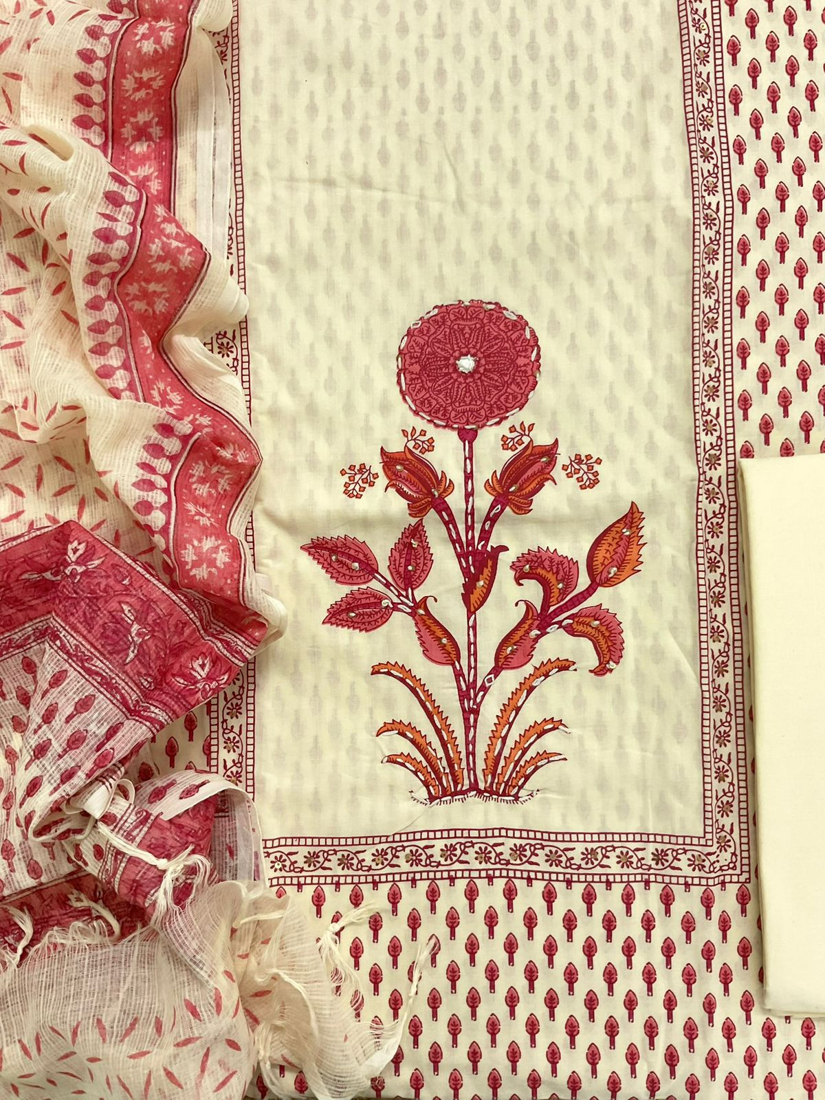 Pure Fine Cotton Printed Embroidered Suit - Cream