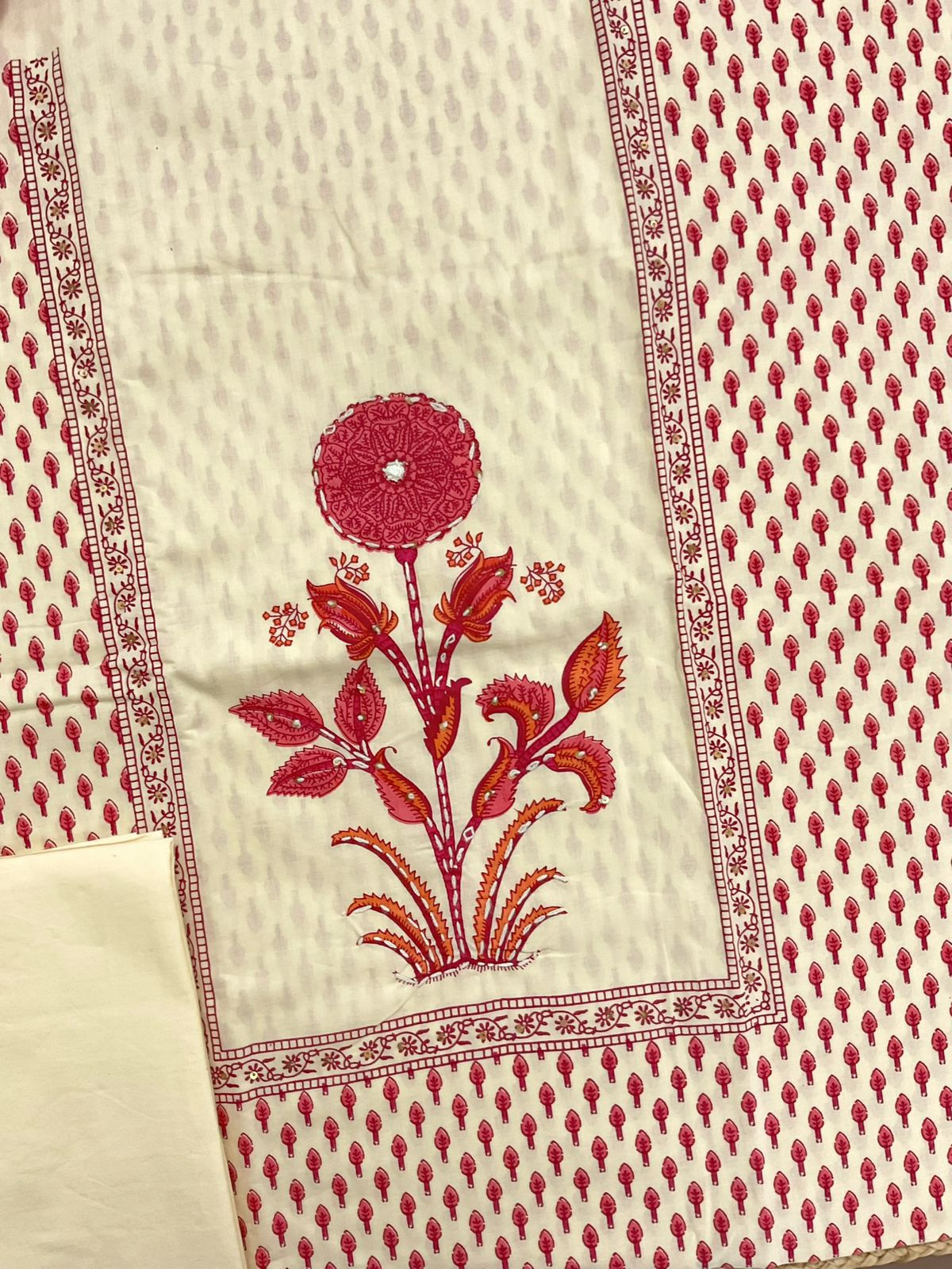 Pure Fine Cotton Printed Embroidered Suit - Cream