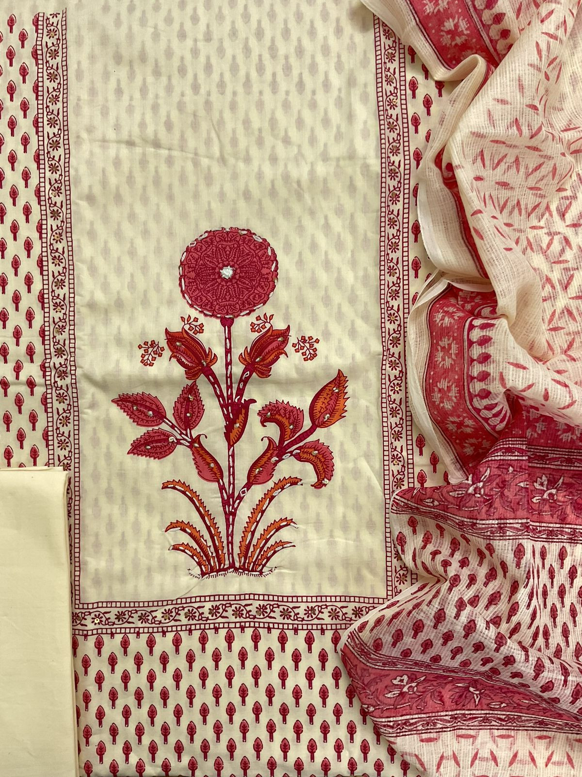 Pure Fine Cotton Printed Embroidered Suit - Cream